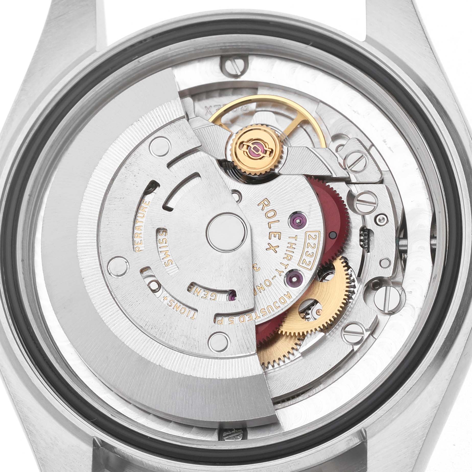 The image shows the open case back of a Rolex Mid-Size 277200 Women's Stainless Steel Silver Dial model, revealing its intricate mechanical movement.