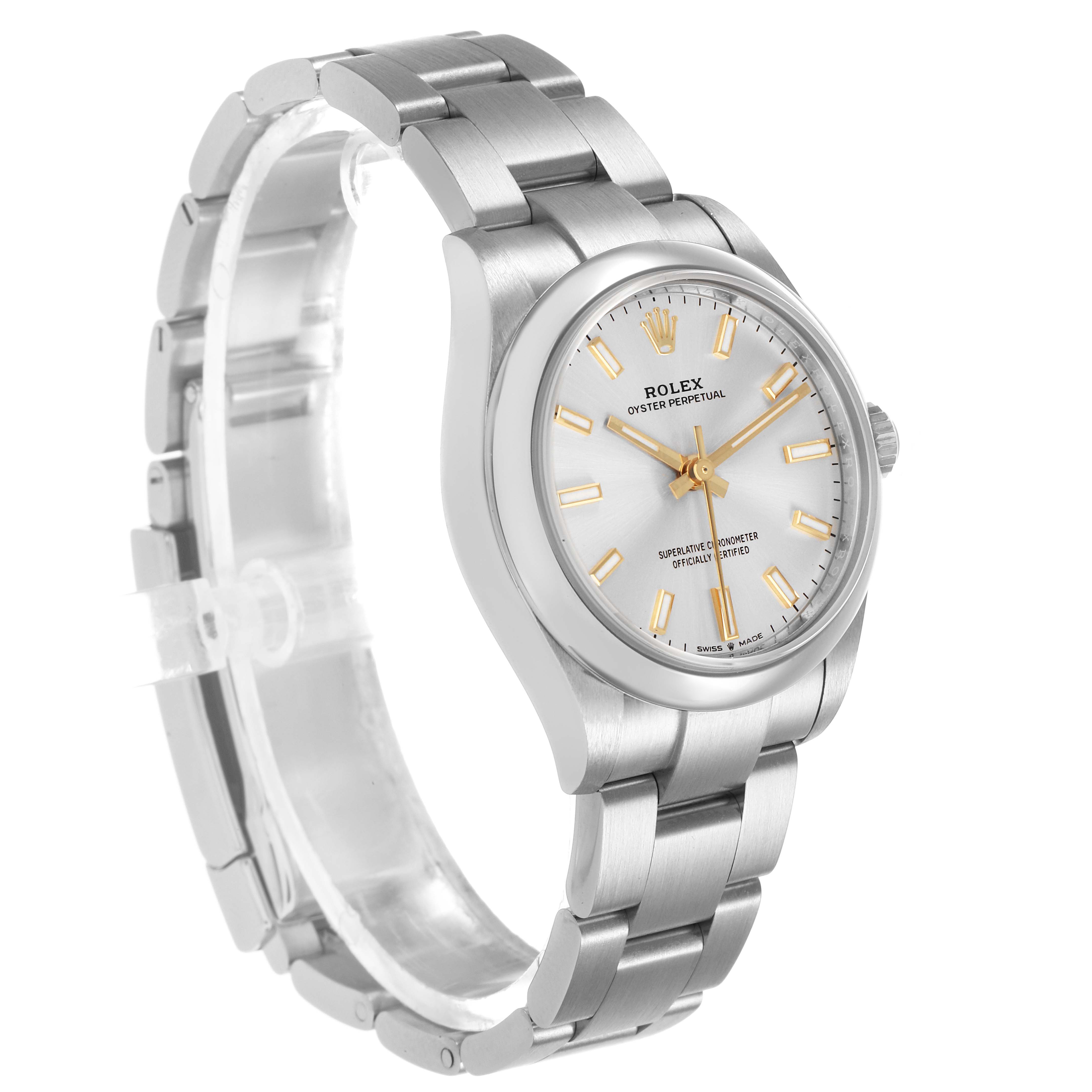 The Rolex Mid-Size 277200 Women's Stainless Steel Silver Dial watch is shown at a three-quarter angle, highlighting the face, bezel, crown, and part of the bracelet.