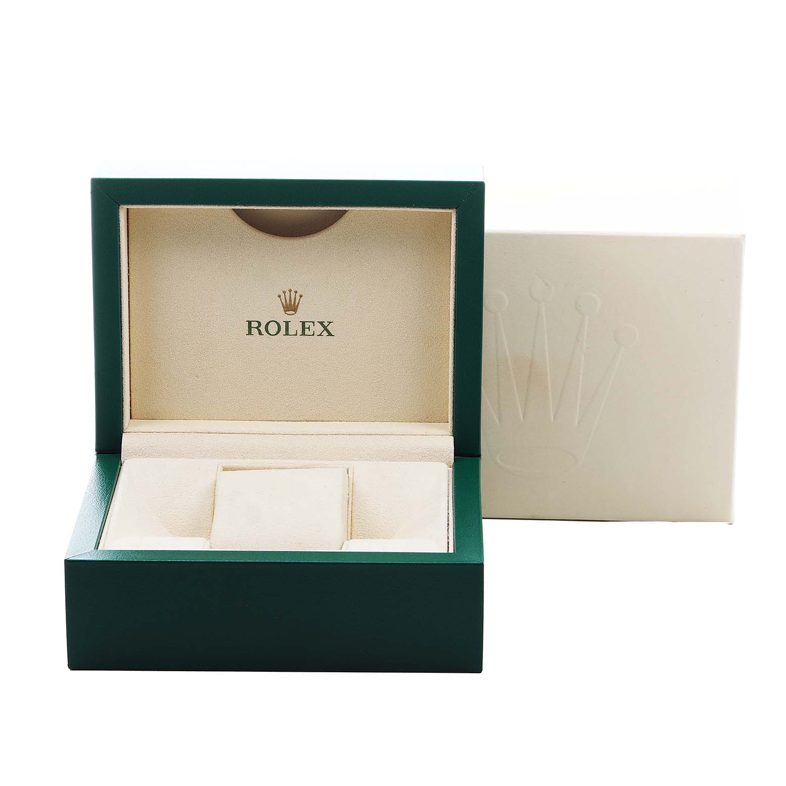 The image shows an open Rolex box for a Mid-Size model, featuring its interior and the outer packaging.