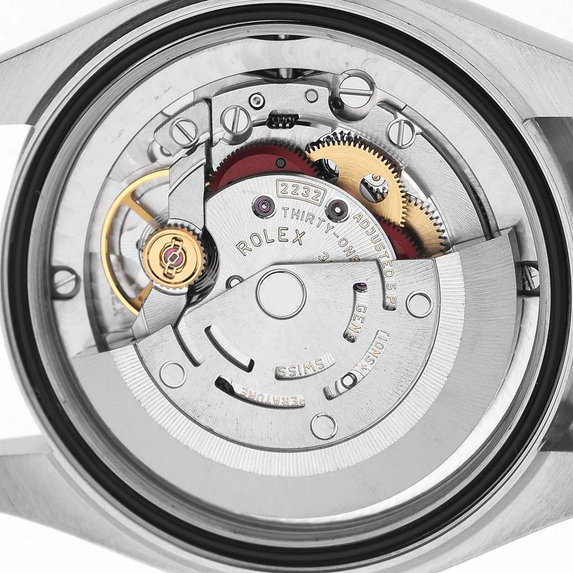 The image shows the movement and inner workings of a Rolex Mid-Size 277200 Women's Stainless Steel Silver Dial watch viewed from the back.