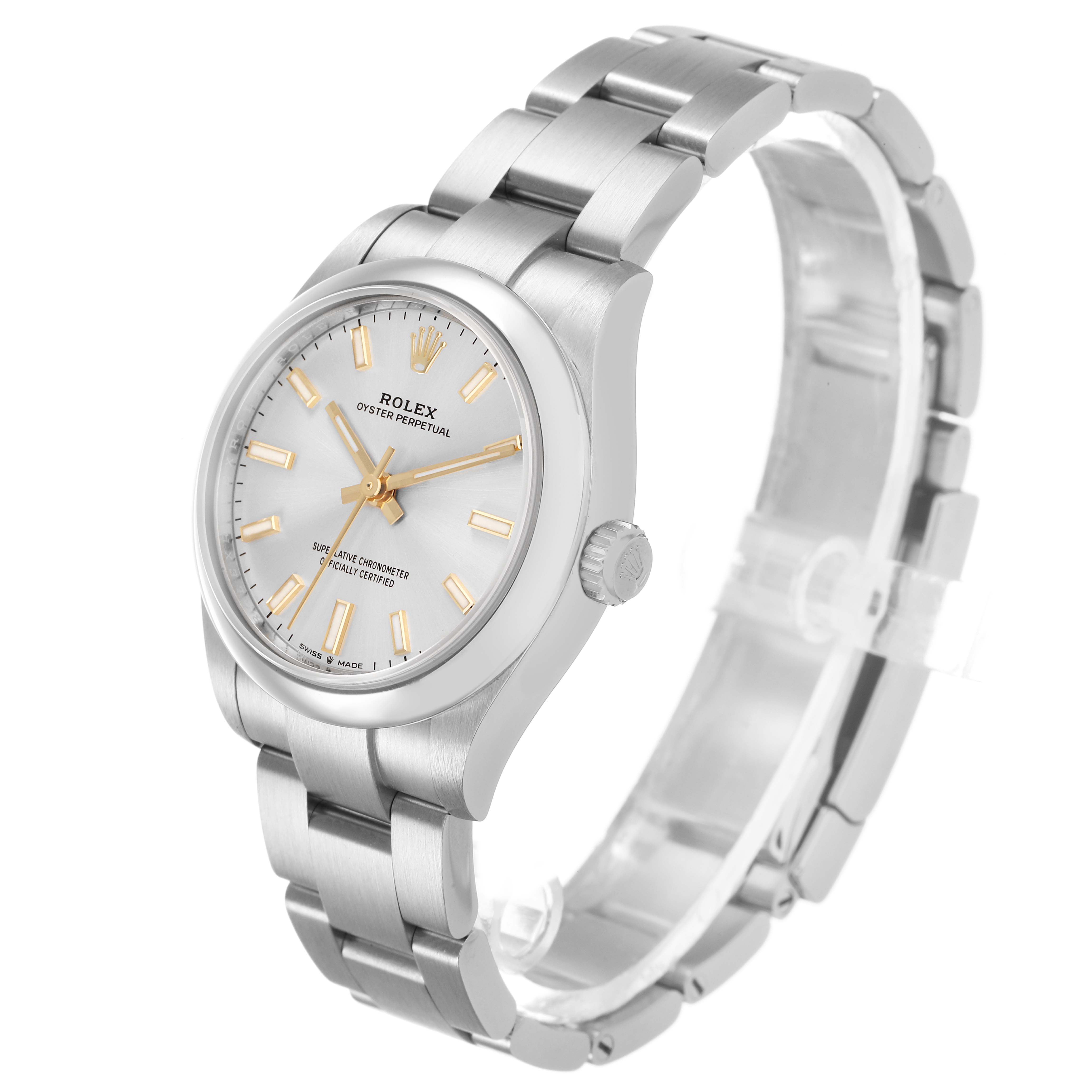 The Rolex Mid-Size 277200 Women's Stainless Steel Silver Dial watch is shown at a three-quarter angle, highlighting the face, crown, and bracelet.