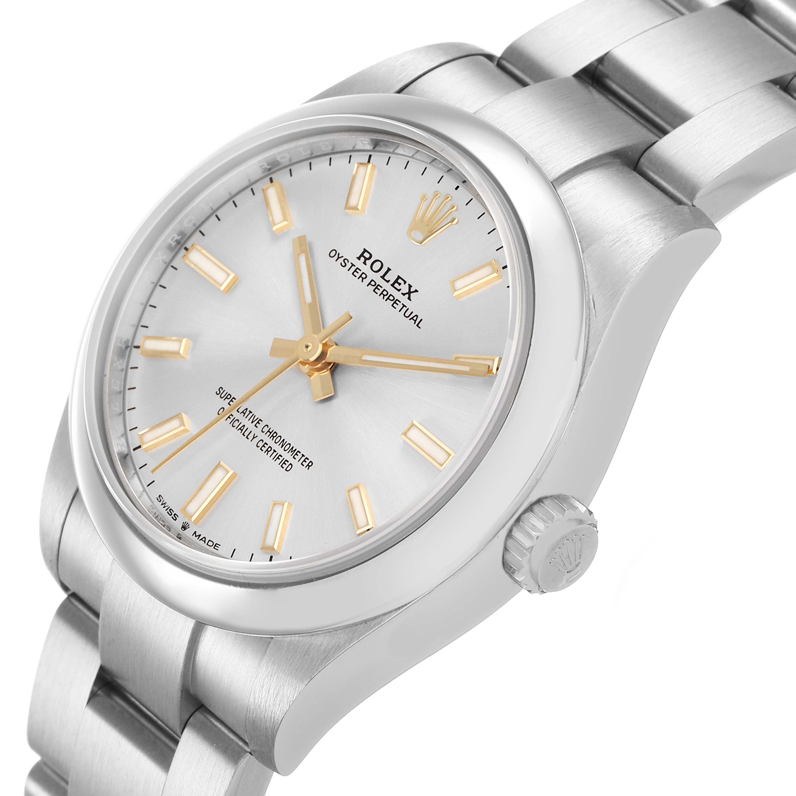 The Rolex Oyster Perpetual Mid-Size watch is shown at a slight side angle, highlighting the face, crown, and bracelet.