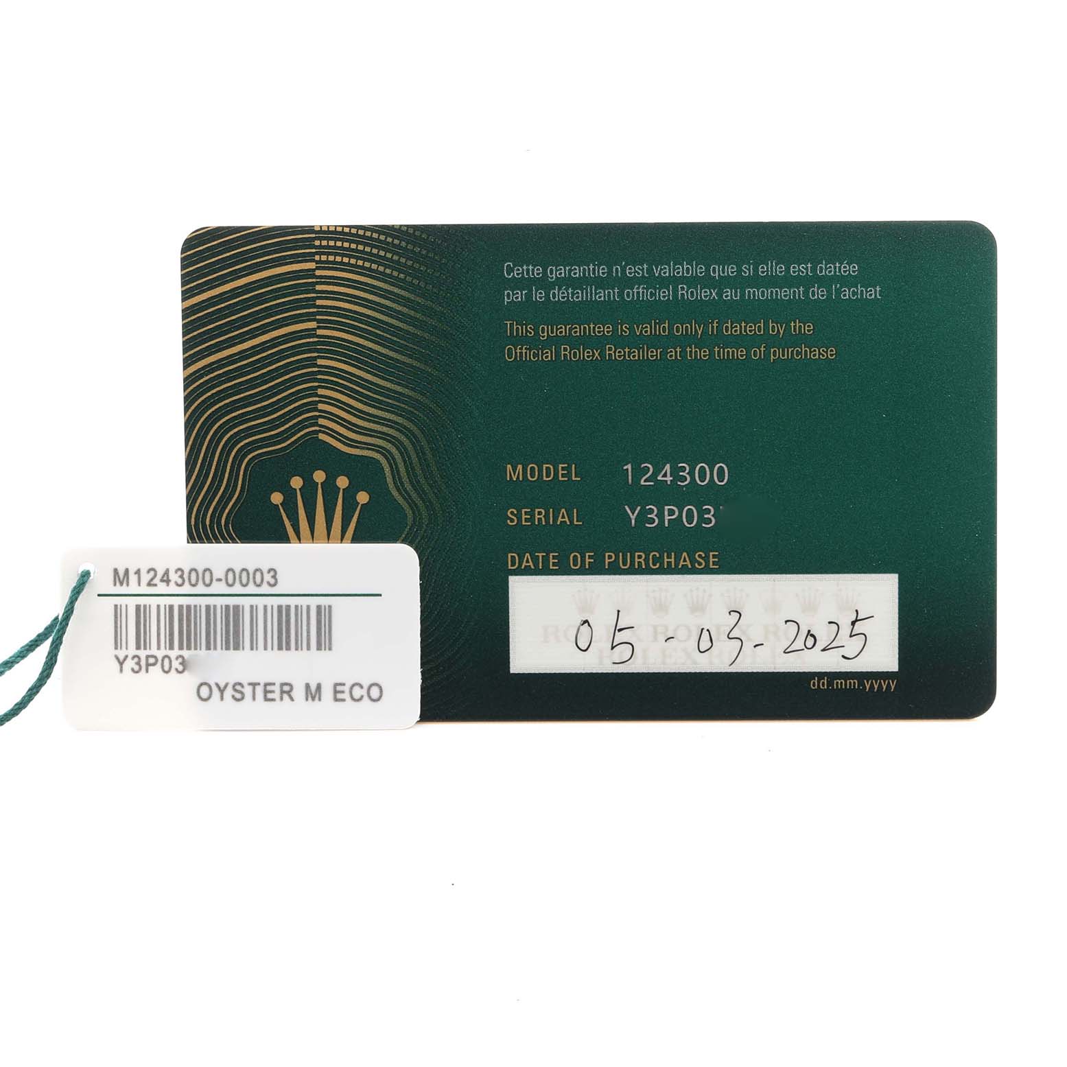 The image shows the warranty card and tag of a Rolex Oyster Perpetual 124300 Men's Stainless Steel Blue Dial 124300 Men's Stainless Steel Blue Dial watch, displaying the model, serial number, and purchase date.