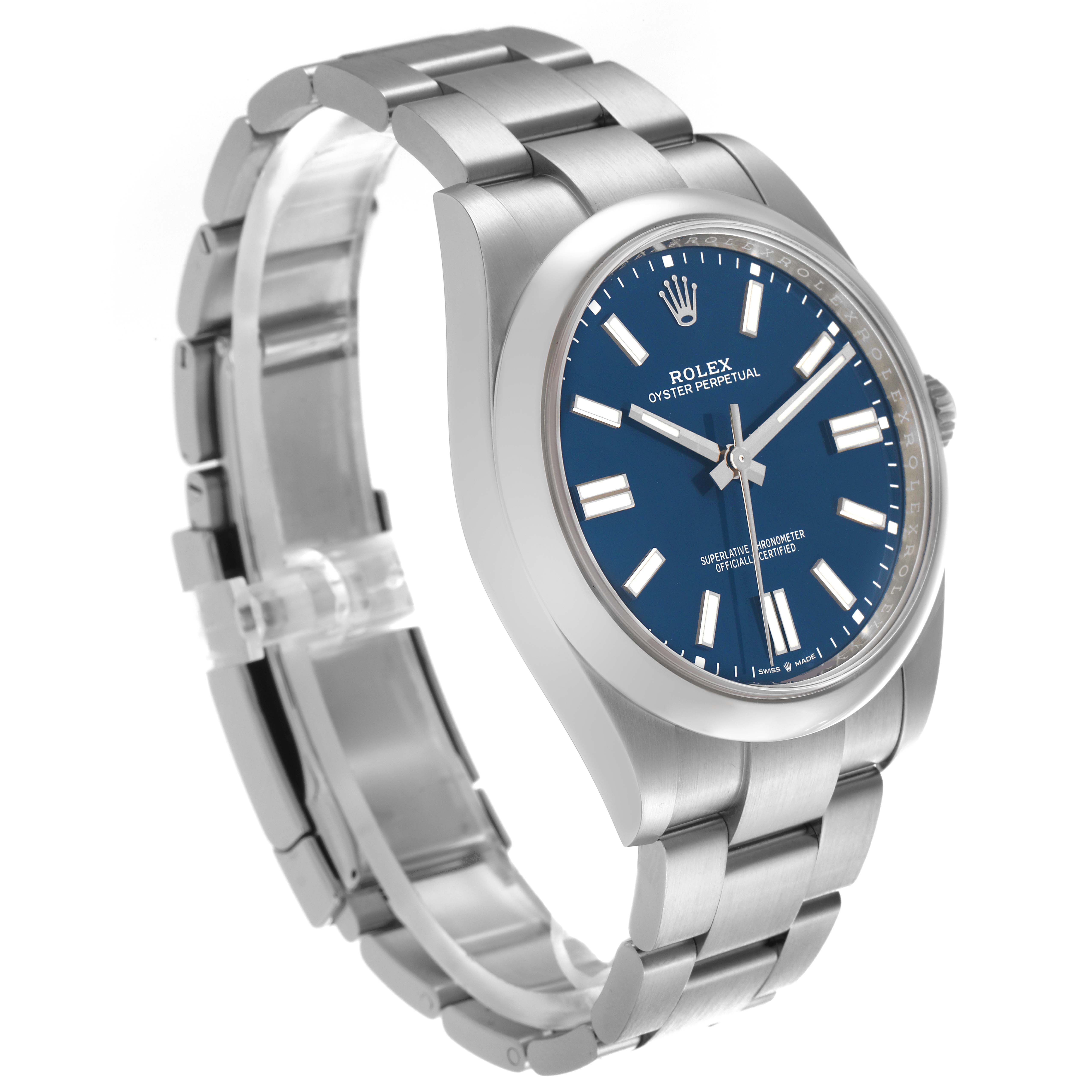 The Rolex Oyster Perpetual 124300 Men's Stainless Steel Blue Dial 124300 Men's Stainless Steel Blue Dial watch is shown at an angle displaying the face, bezel, and bracelet.