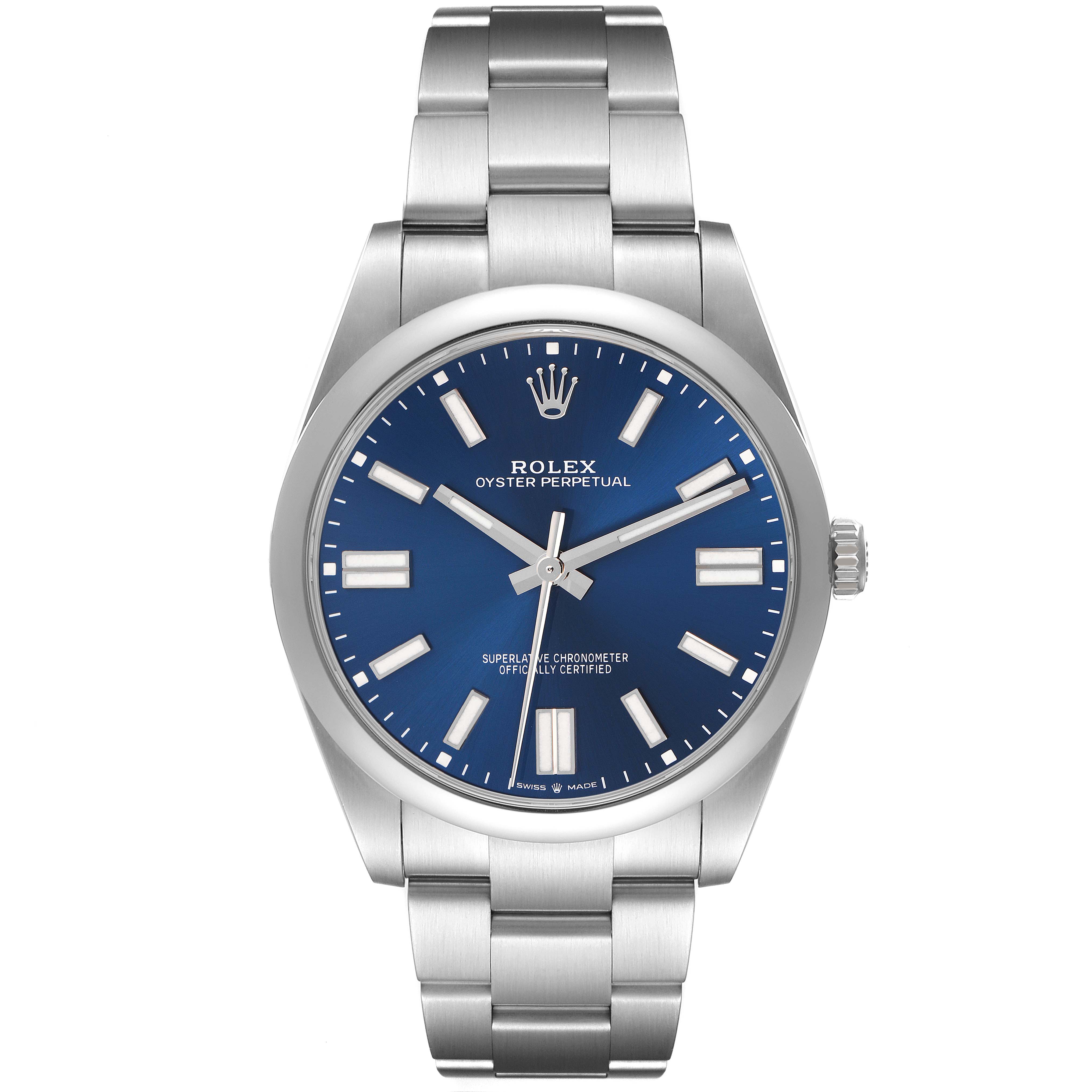 The image shows the Rolex Oyster Perpetual 124300 Men's Stainless Steel Blue Dial 124300 Men's Stainless Steel Blue Dial watch from a front view, highlighting the blue dial and stainless steel bracelet.