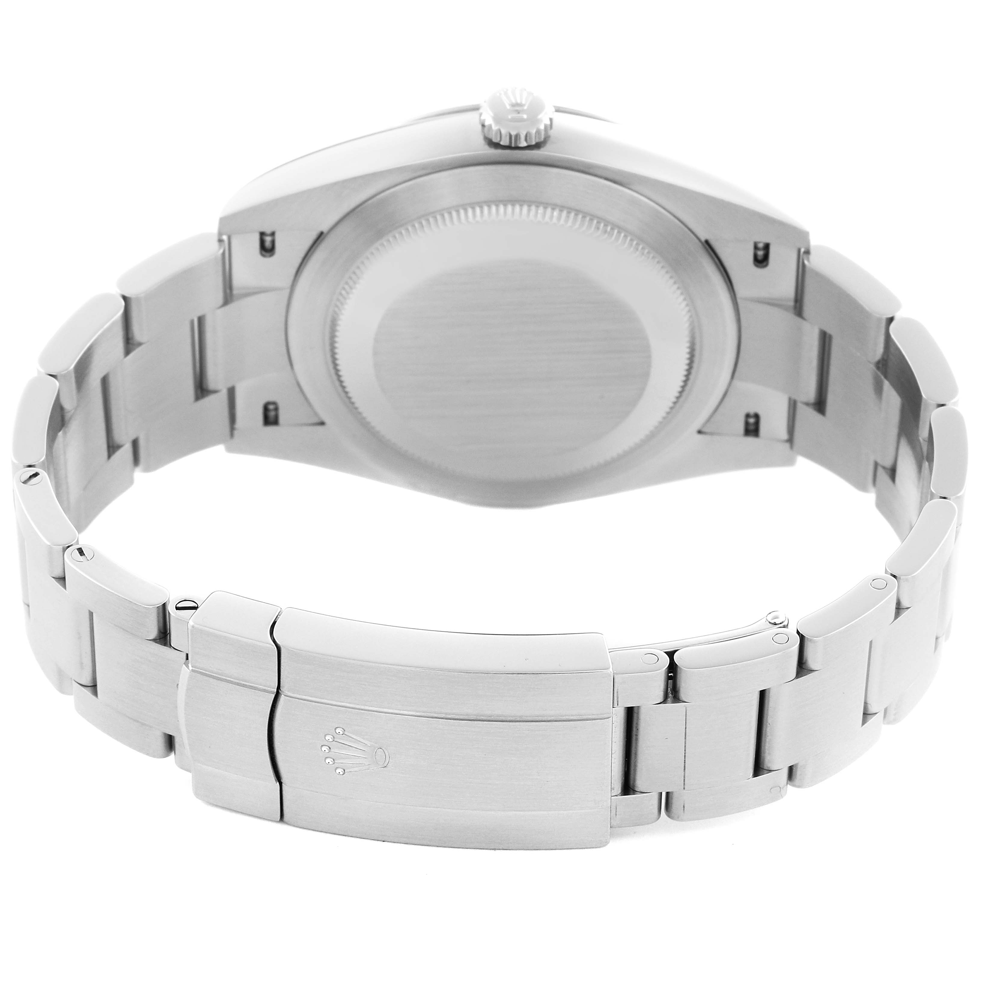 The image shows the back view of the Rolex Oyster Perpetual 124300 Men's Stainless Steel Blue Dial 124300 Men's Stainless Steel Blue Dial watch, highlighting the case back and bracelet clasp.