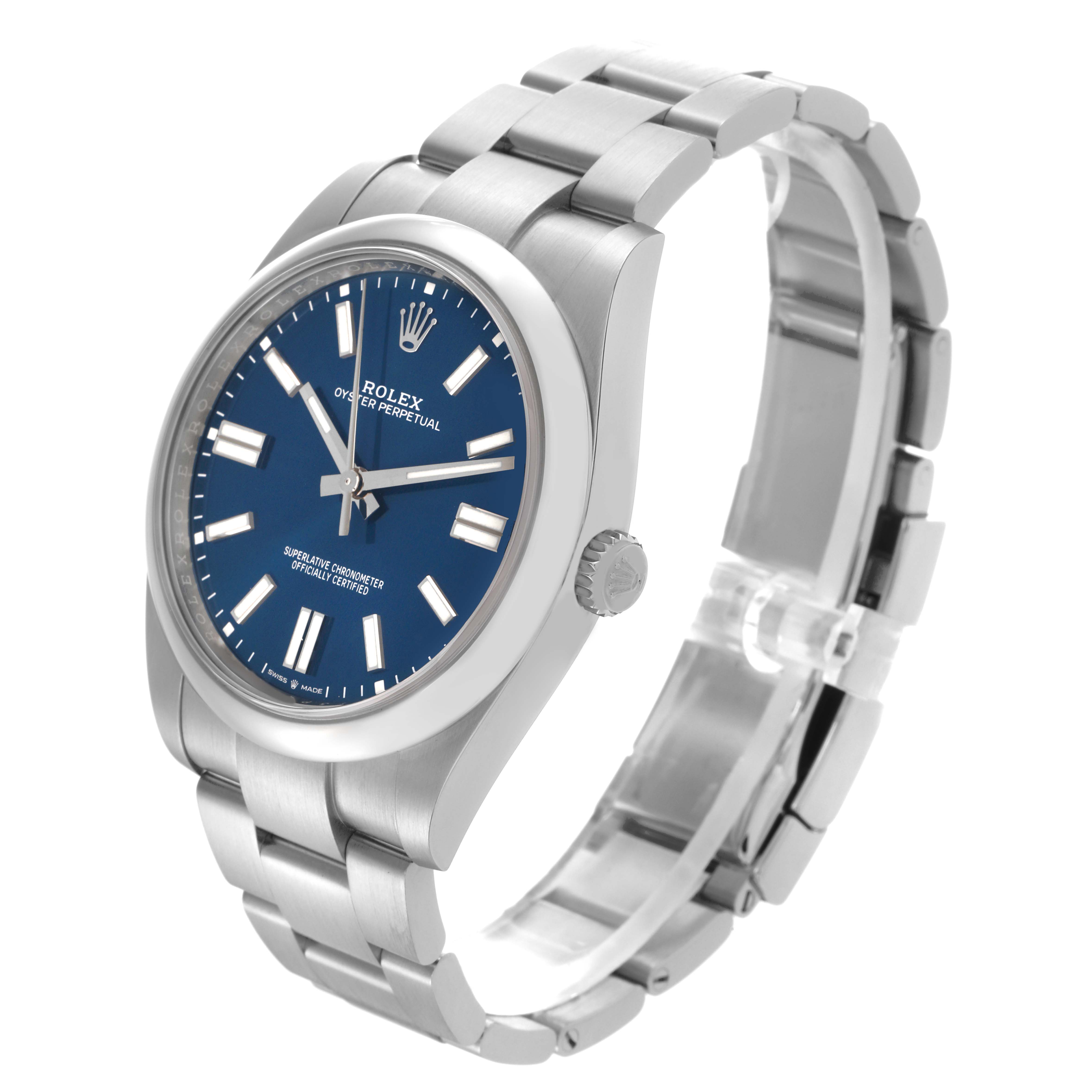 The Rolex Oyster Perpetual 124300 Men's Stainless Steel Blue Dial 124300 Men's Stainless Steel Blue Dial watch is shown at a three-quarter angle, highlighting its blue dial, bezel, and stainless steel bracelet.