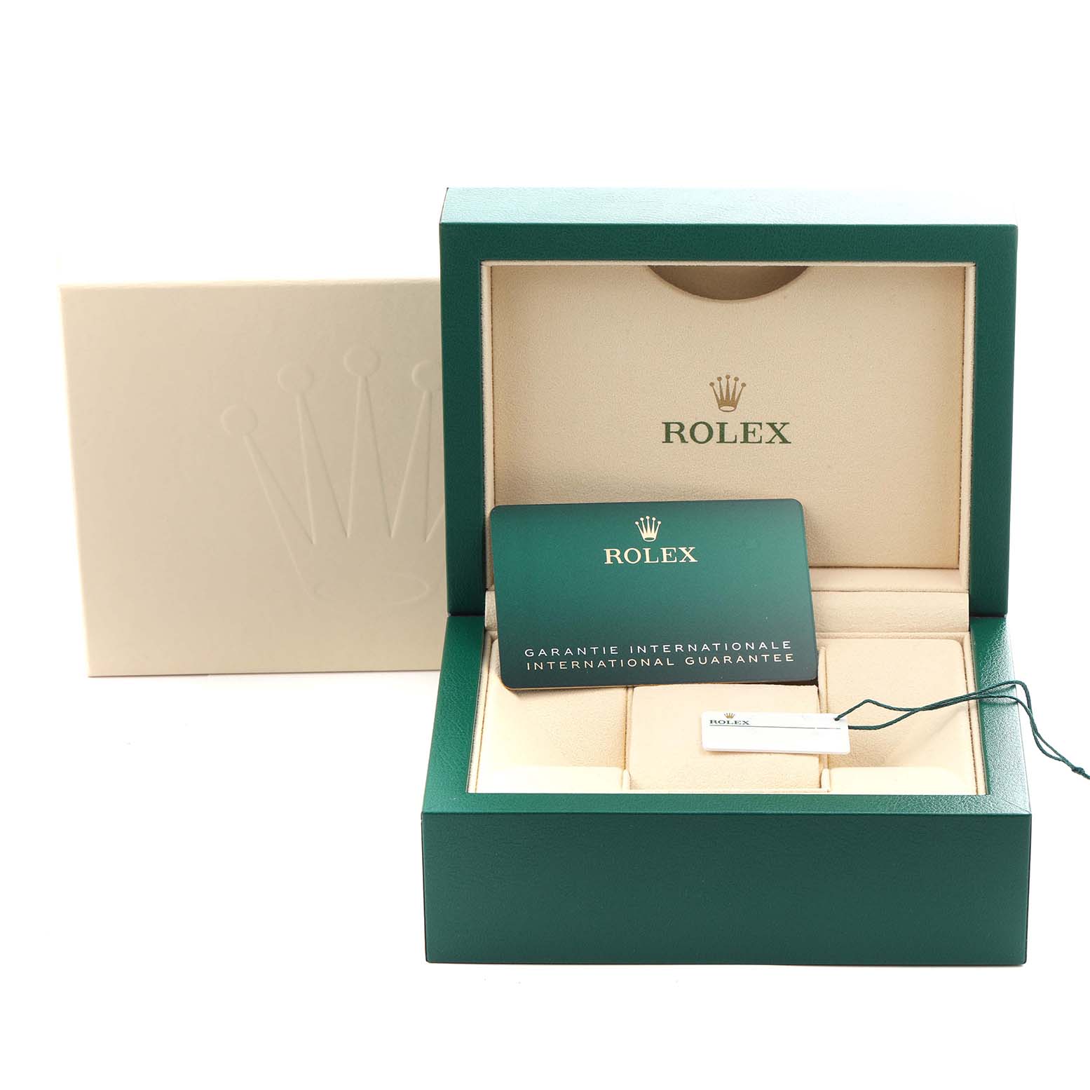 The image shows the packaging and accessories for a Rolex Oyster Perpetual 124300 Men's Stainless Steel Blue Dial 124300 Men's Stainless Steel Blue Dial, including a box and guarantee card, viewed from the front.