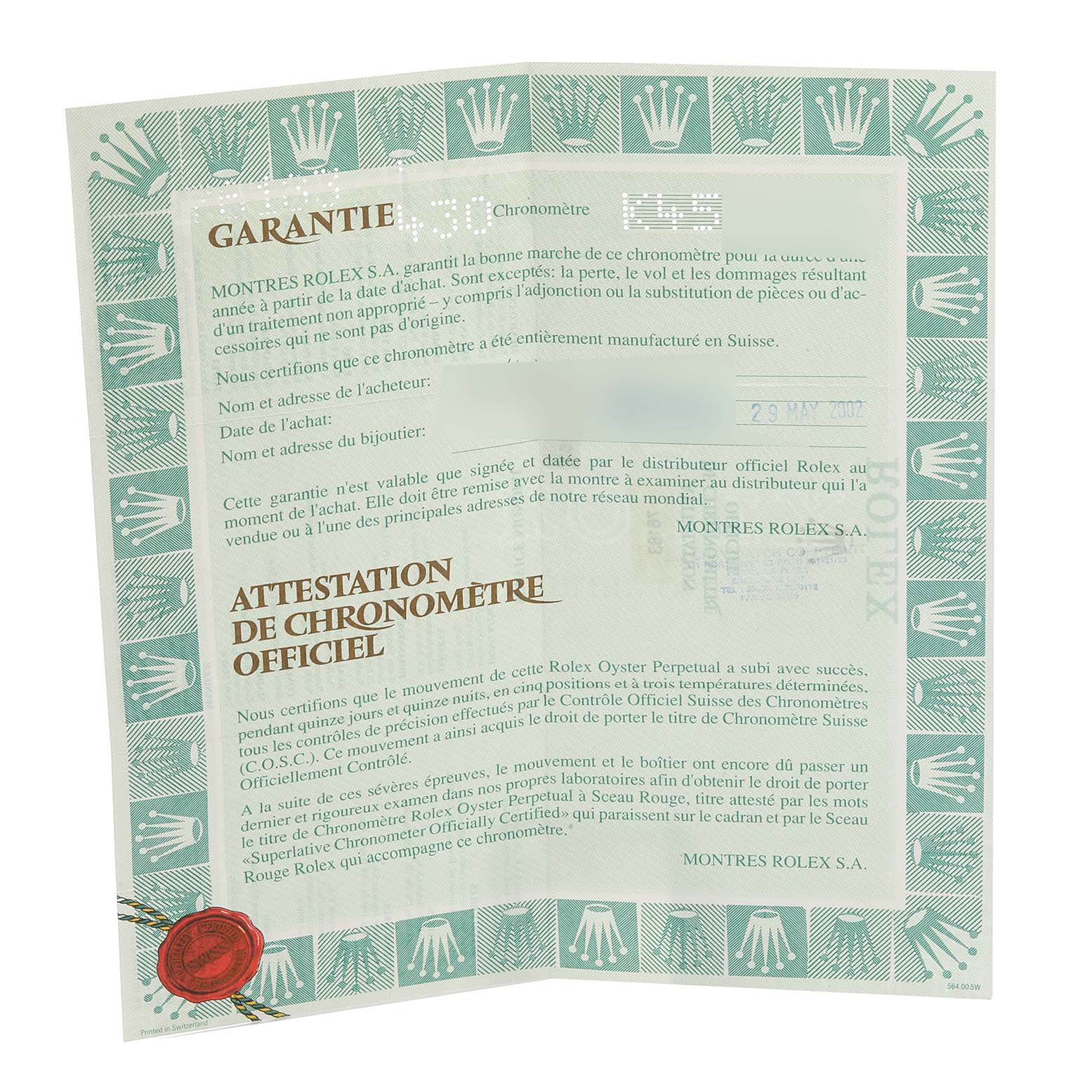 The image shows the official chronometer certification and guarantee card for the Rolex Oyster Perpetual 76183 Women's Steel and Gold (two tone) Grey Dial 76183 Women's Steel and Gold (two tone) Grey Dial model.