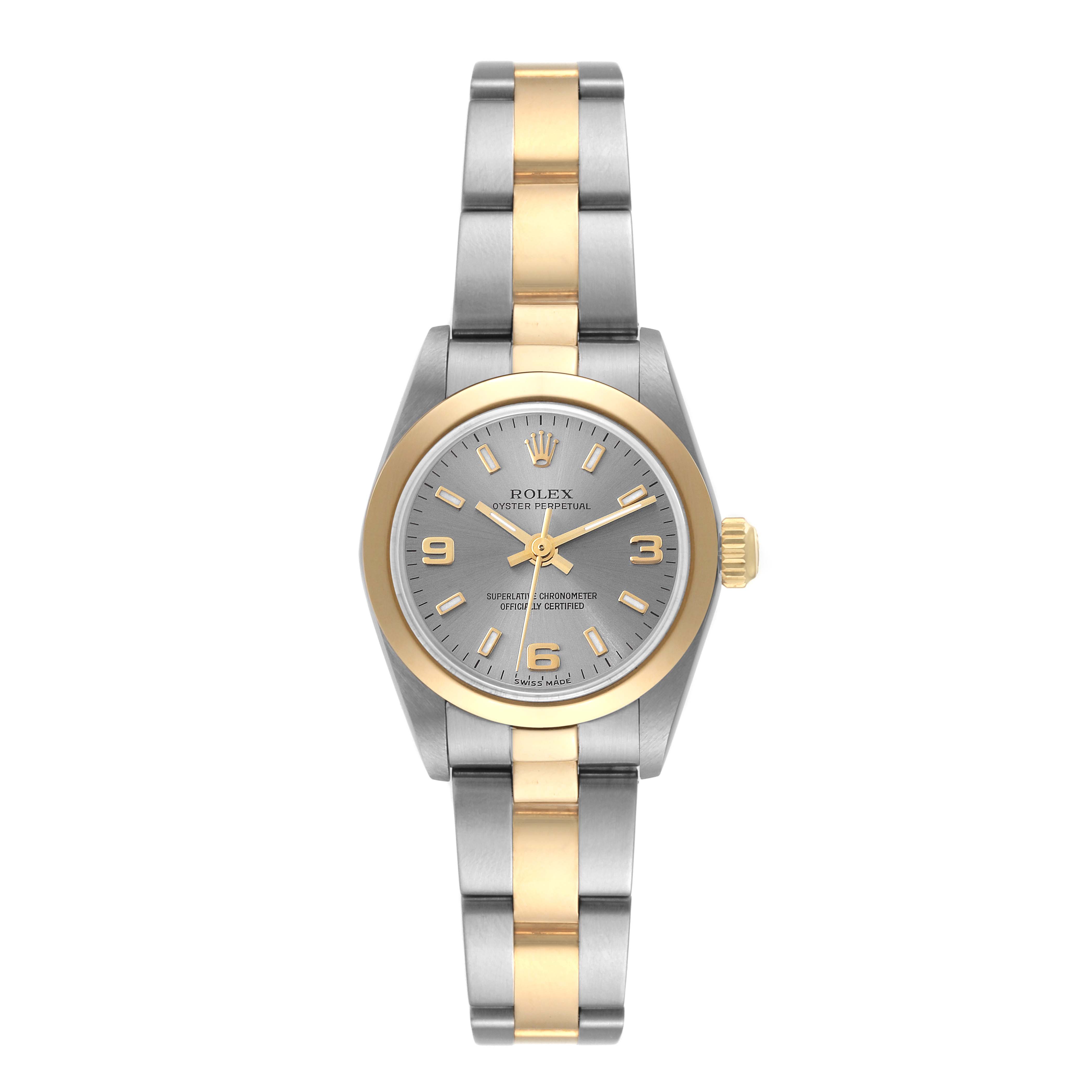 This image shows a Rolex Oyster Perpetual 76183 Women's Steel and Gold (two tone) Grey Dial 76183 Women's Steel and Gold (two tone) Grey Dial watch, featuring a frontal view of its face, bezel, and two-tone bracelet.