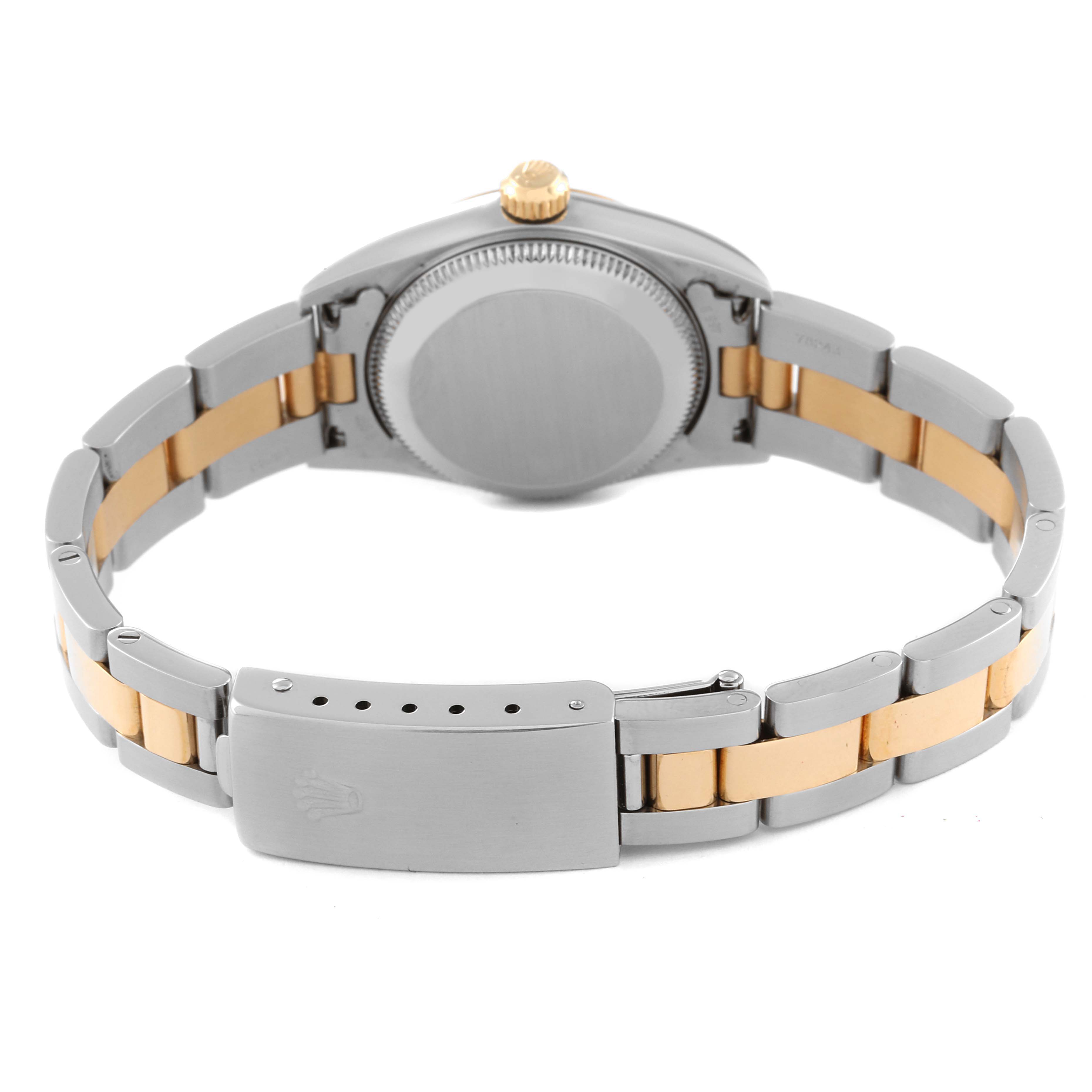 This image shows the back view of a Rolex Oyster Perpetual 76183 Women's Steel and Gold (two tone) Grey Dial 76183 Women's Steel and Gold (two tone) Grey Dial watch, highlighting its bracelet and clasp.