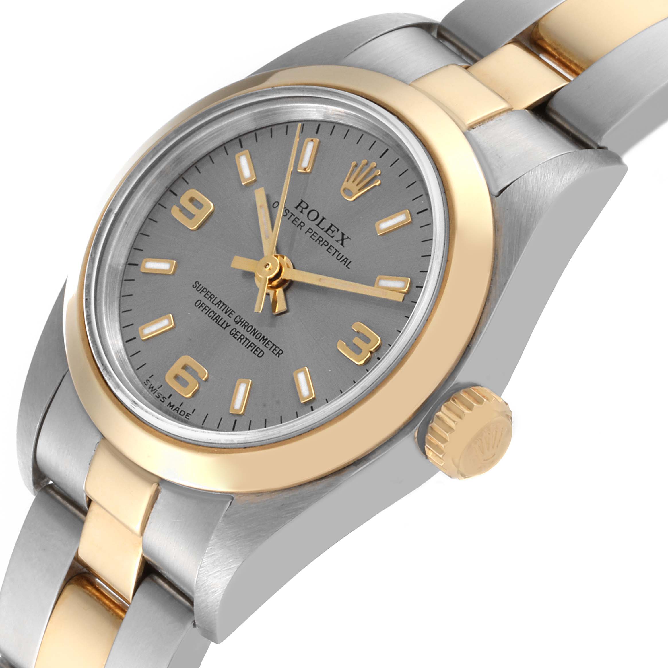 The image shows a close-up angle of the Rolex Oyster Perpetual 76183 Women's Steel and Gold (two tone) Grey Dial 76183 Women's Steel and Gold (two tone) Grey Dial watch, highlighting the dial, crown, and part of the bracelet.
