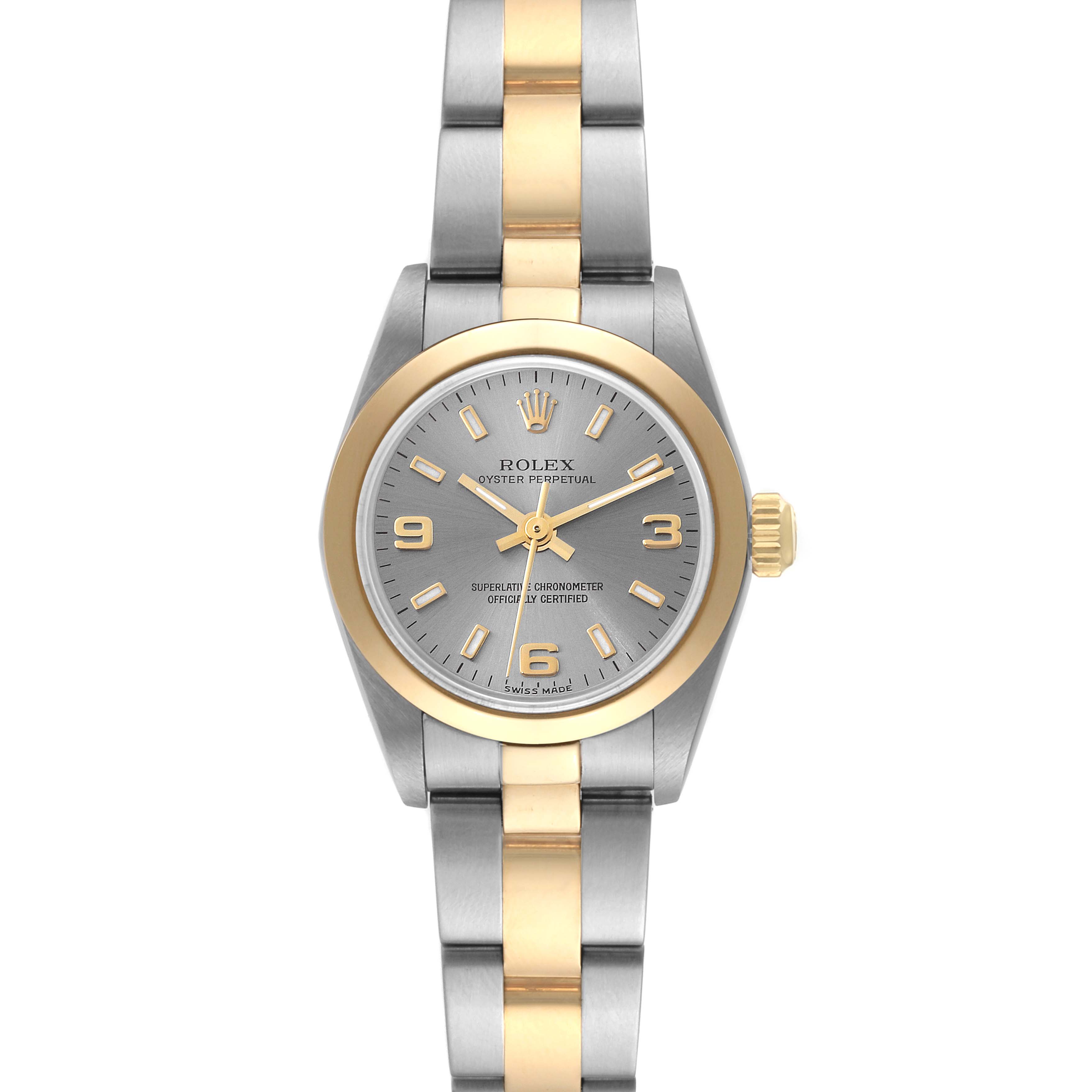 The image shows a front view of a Rolex Oyster Perpetual 76183 Women's Steel and Gold (two tone) Grey Dial 76183 Women's Steel and Gold (two tone) Grey Dial watch, highlighting the dial, bezel, and bracelet.