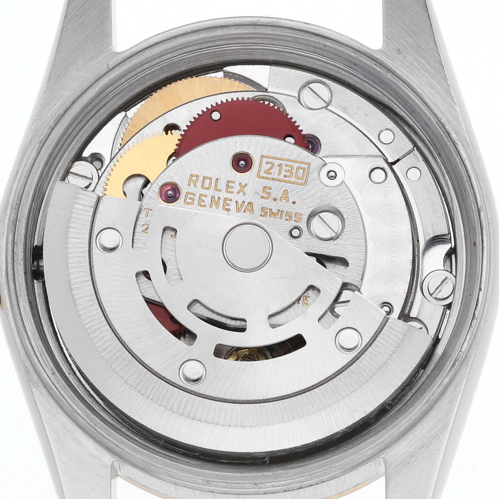 The image shows the movement mechanism of a Rolex Oyster Perpetual 67193 Women's Steel and Gold (two tone) Champagne Dial 67193 Women's Steel and Gold (two tone) Champagne Dial watch, viewed from the back case without the lid.
