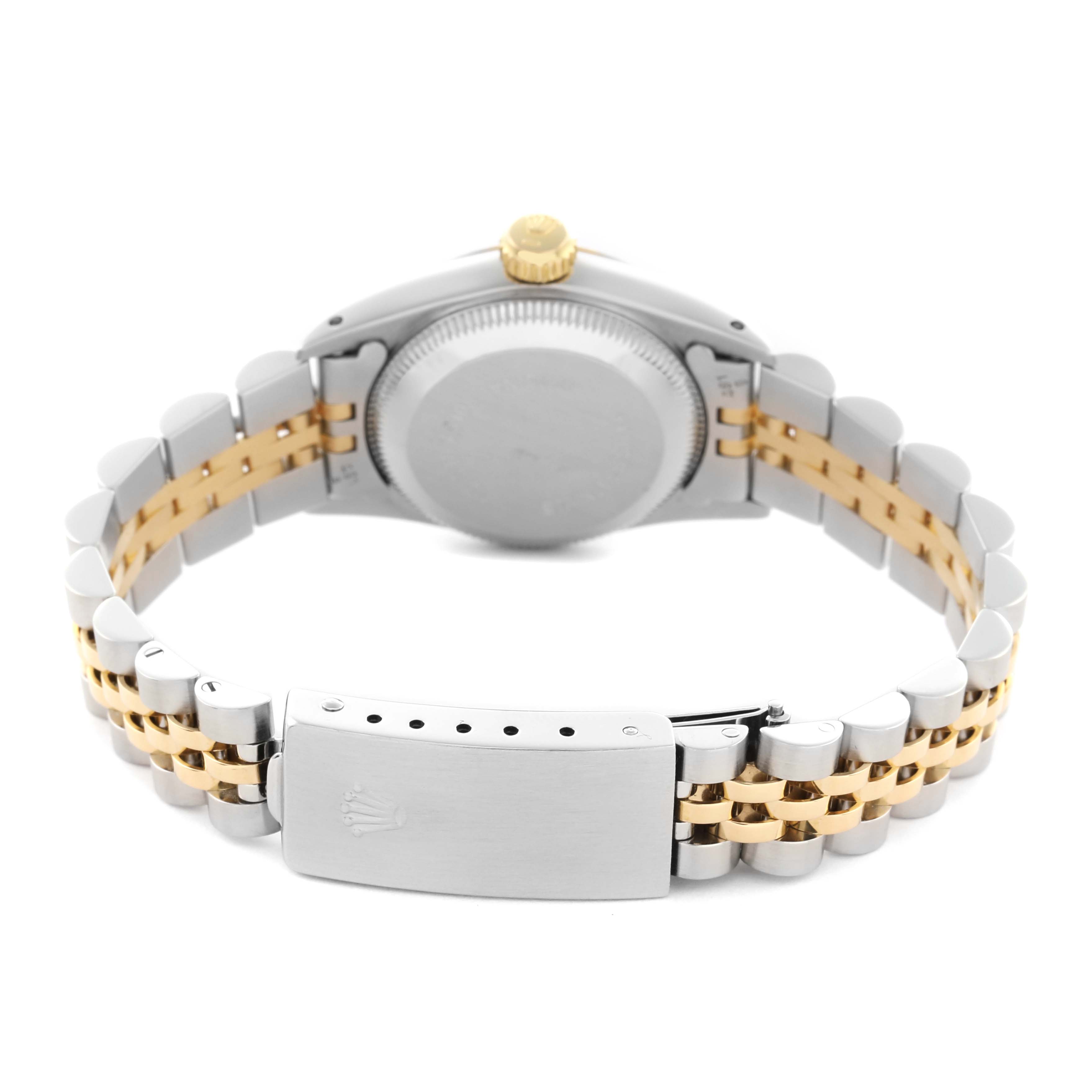 The image shows the back of a Rolex Oyster Perpetual 67193 Women's Steel and Gold (two tone) Champagne Dial 67193 Women's Steel and Gold (two tone) Champagne Dial watch, featuring the bracelet, clasp, case back, and crown.