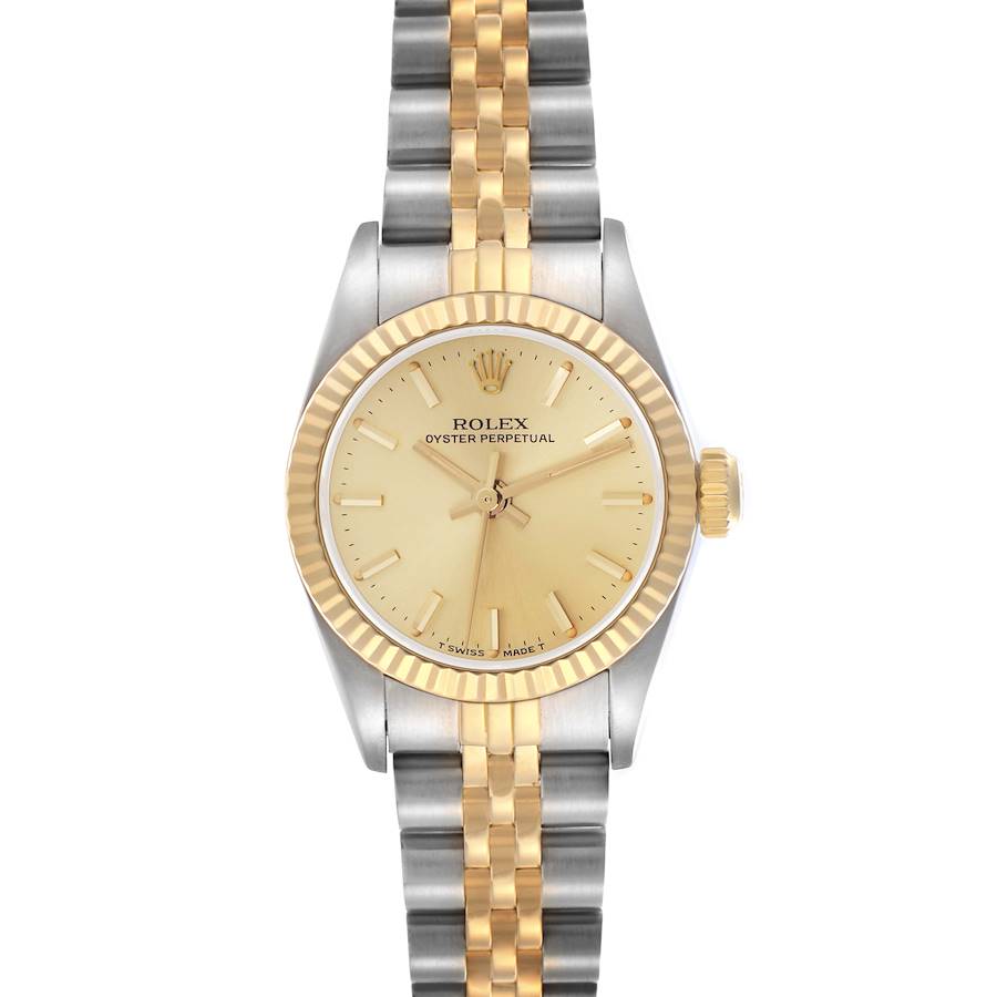 The Rolex Oyster Perpetual watch is shown from a front angle, displaying its face, bezel, crown, and bracelet.