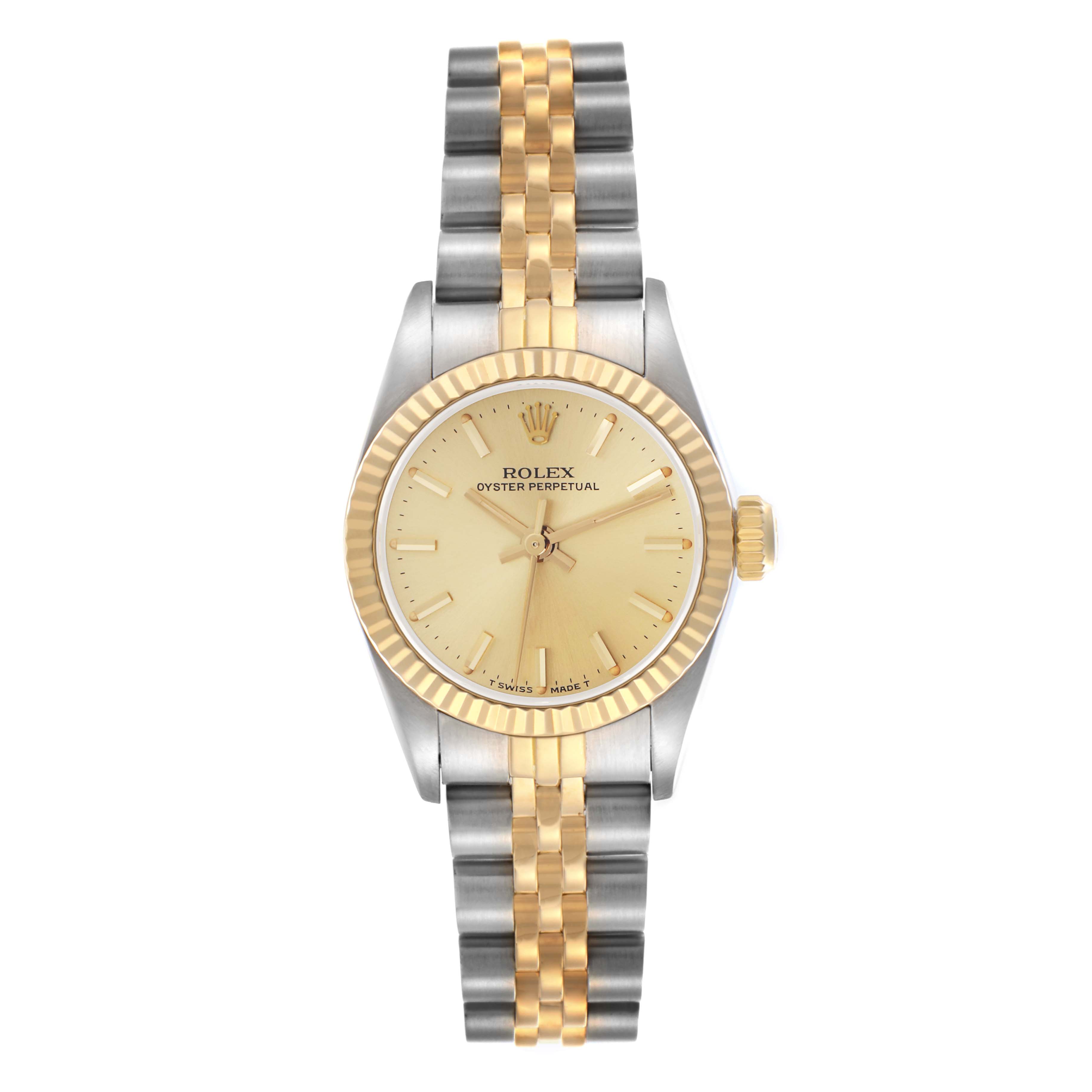 The Rolex Oyster Perpetual 67193 Women's Steel and Gold (two tone) Champagne Dial 67193 Women's Steel and Gold (two tone) Champagne Dial watch is shown from a top view, highlighting its dial, bezel, case, and bicolor bracelet.