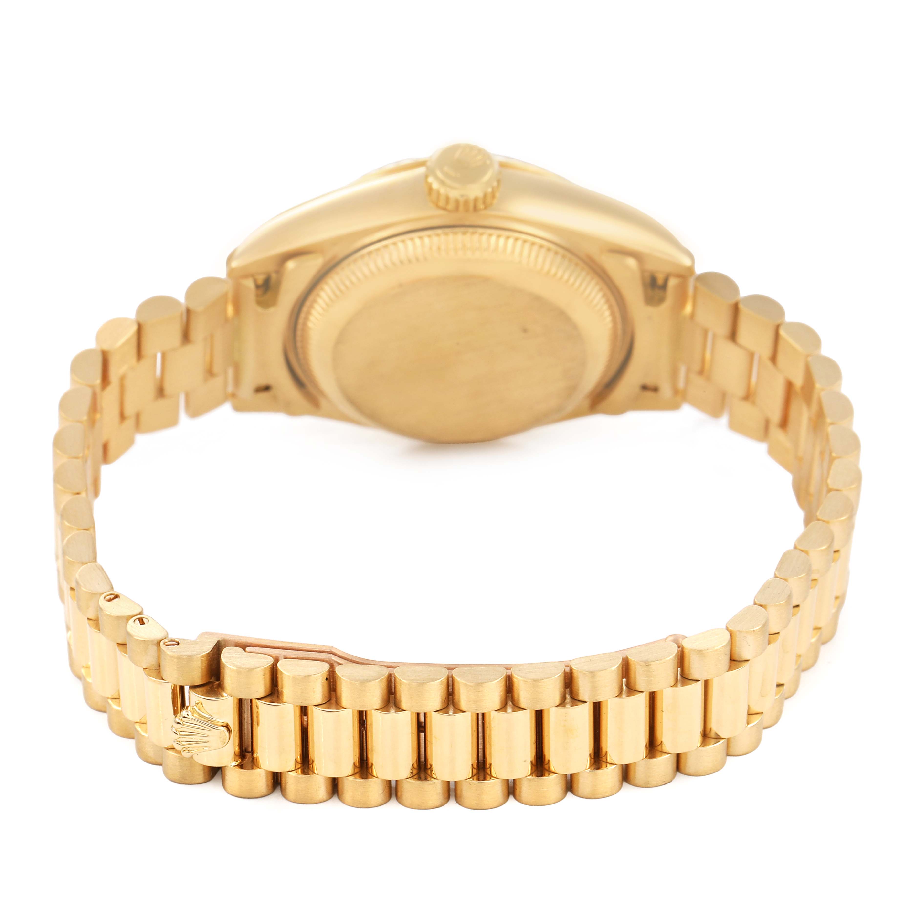 The image shows the back case and bracelet of a Rolex President 69178 Women's Yellow Gold Champagne Dial watch, viewed from behind.