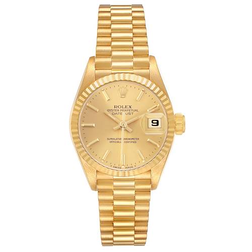 The Rolex President 69178 Women's Yellow Gold Champagne Dial model watch is shown from a top-down view, displaying the dial, hands, date, and bracelet.