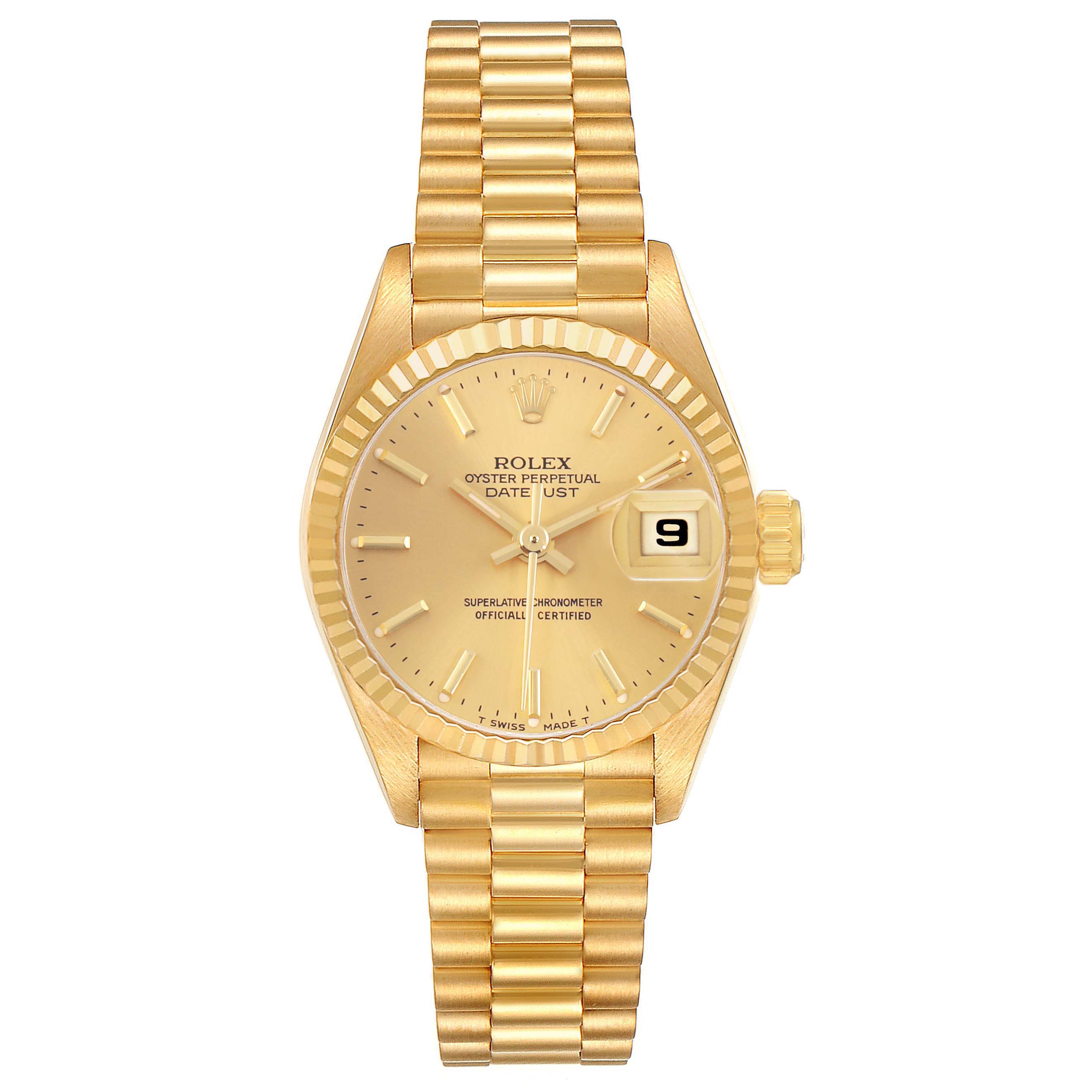 The Rolex President 69178 Women's Yellow Gold Champagne Dial model is shown from a top-down angle, displaying the dial, bezel, bracelet, and date feature.