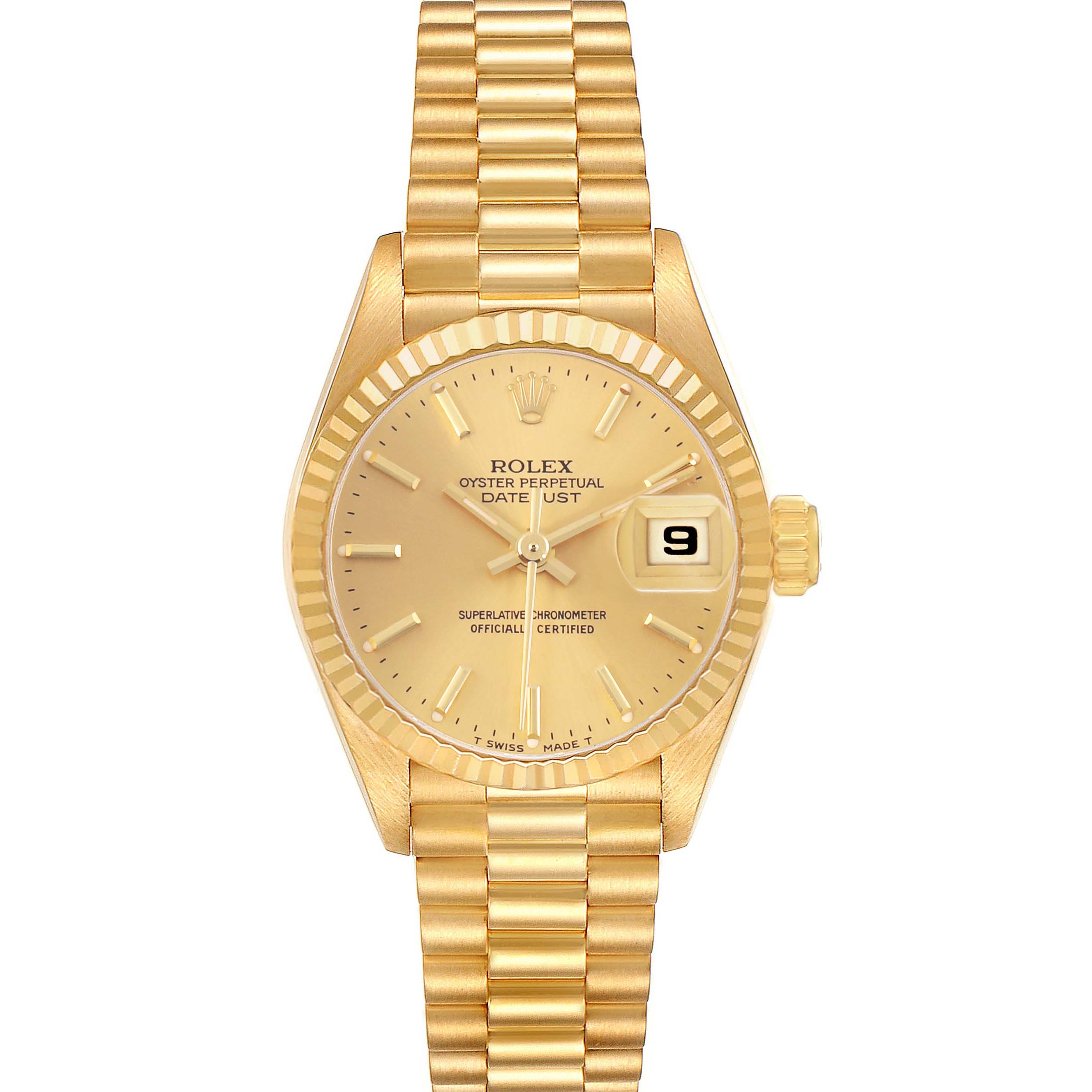 The Rolex President 69178 Women's Yellow Gold Champagne Dial model is shown from the front, displaying the dial, hands, bezel, bracelet, and date window.