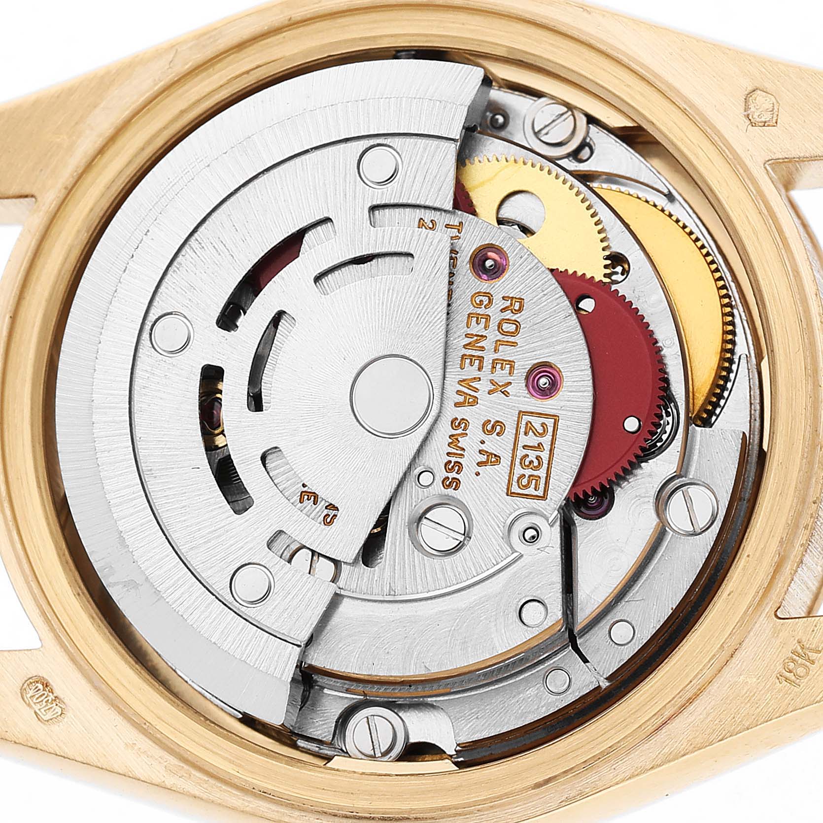 The image shows the intricate movement of a Rolex President 69178 Women's Yellow Gold Champagne Dial model, highlighting the rotor and gear components.