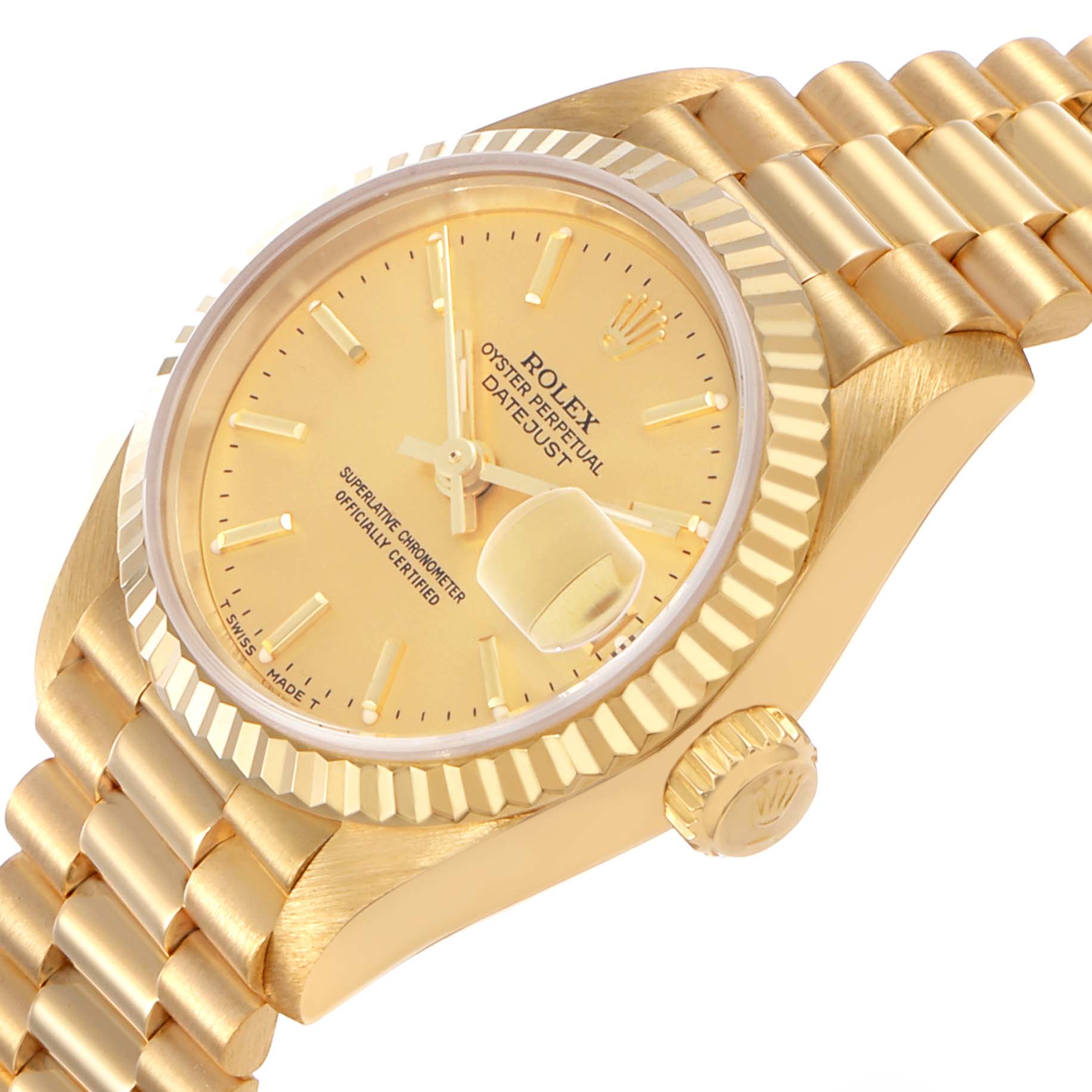 The Rolex President 69178 Women's Yellow Gold Champagne Dial watch is shown from an angled side view, highlighting the band, bezel, crown, and part of the dial.