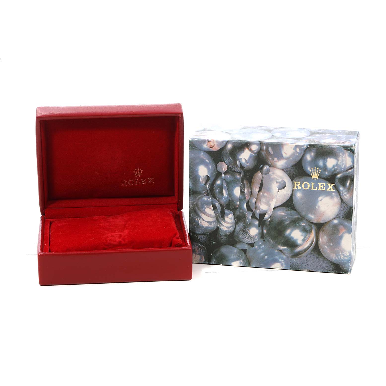 The image shows an empty red Rolex watch box and an outer box with a glossy design for the Rolex President 69178 Women's Yellow Gold Champagne Dial model.
