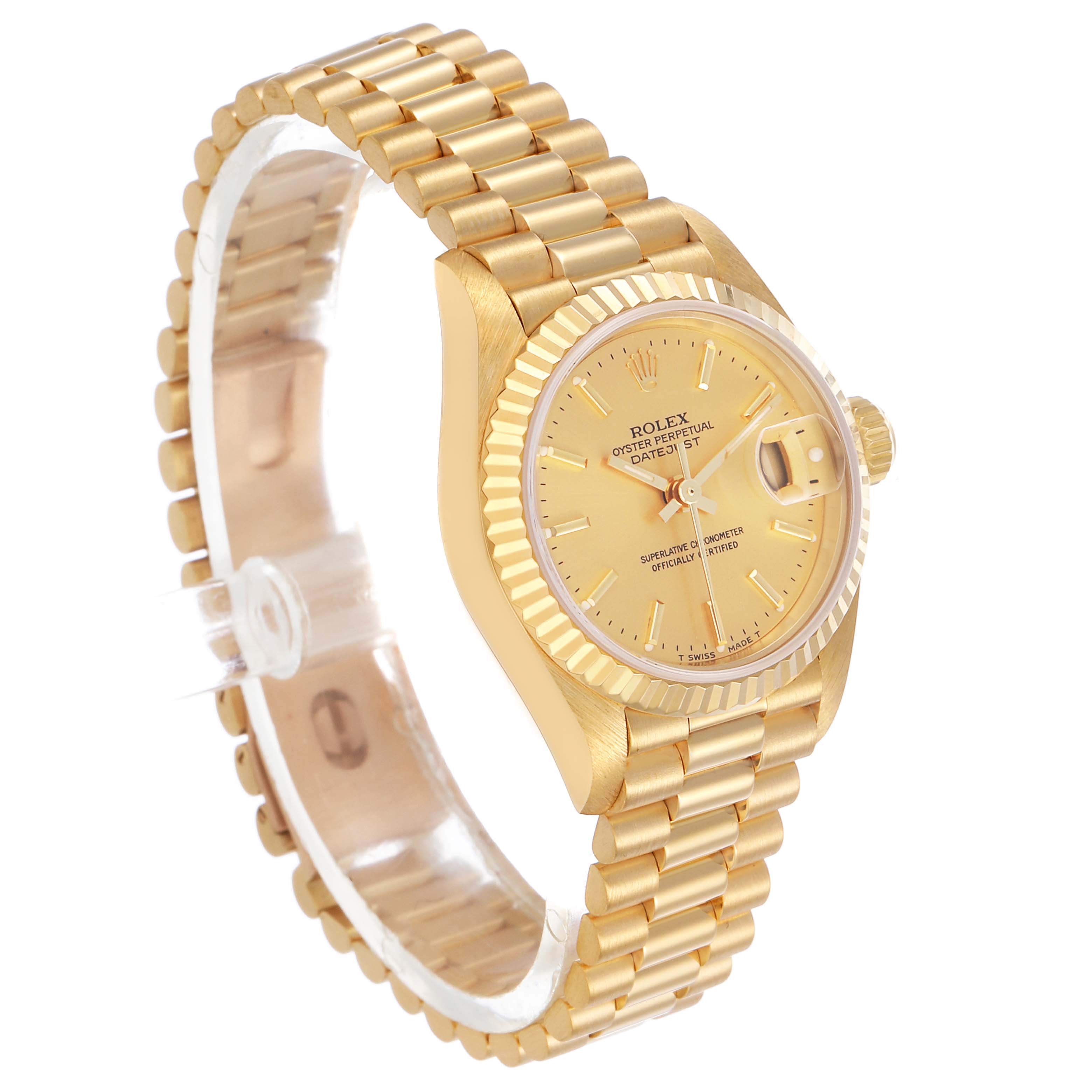 The Rolex President 69178 Women's Yellow Gold Champagne Dial watch is shown at a three-quarter angle, highlighting the dial, bezel, and bracelet.
