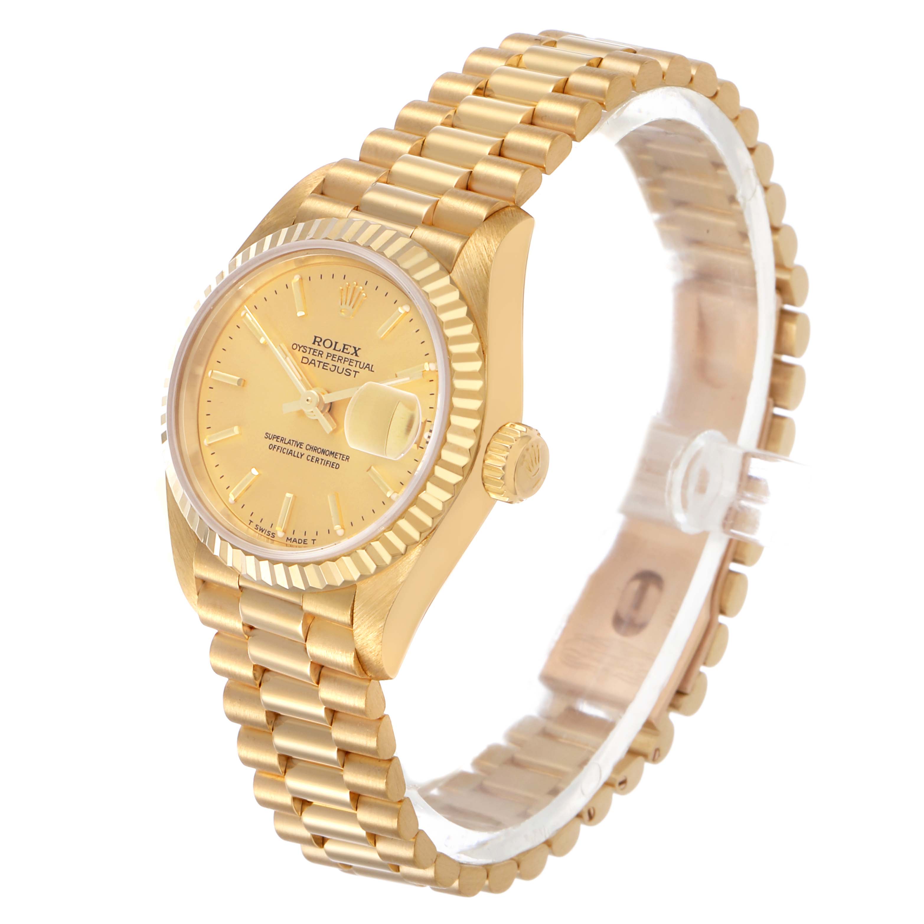 The Rolex President 69178 Women's Yellow Gold Champagne Dial watch is shown in a three-quarter angle, highlighting its gold case, fluted bezel, bracelet, and crown.