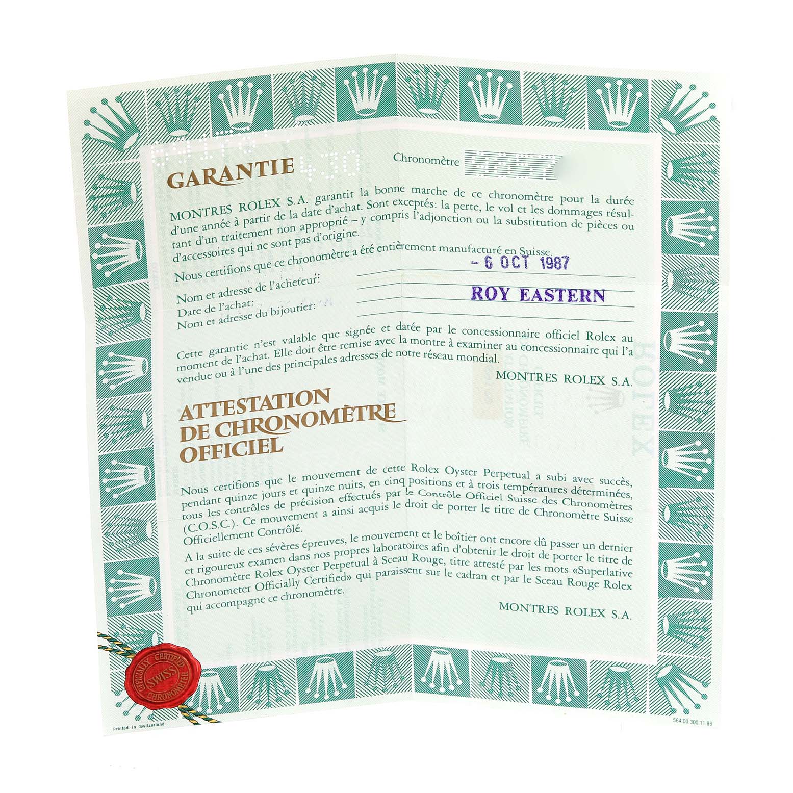 This image shows a warranty certificate for the Rolex President 69178 Women
s Yellow Gold Champagne Dial 69178 Women
s Yellow Gold Champagne Dial model, including official verification and purchase details.