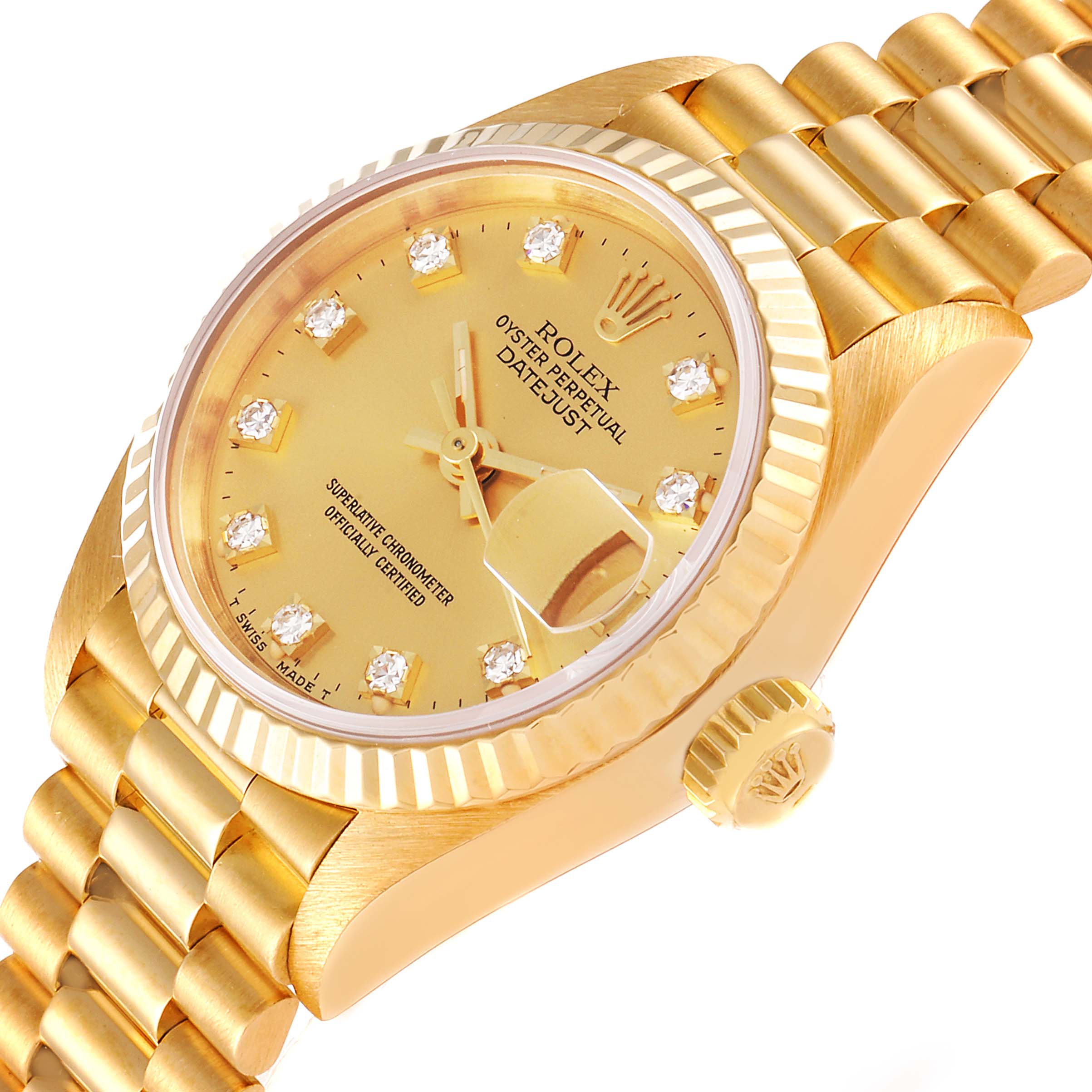 The Rolex President 69178 Women
s Yellow Gold Champagne Dial 69178 Women
s Yellow Gold Champagne Dial model is shown at an angled view, displaying the face, bezel, crown, and part of the bracelet.