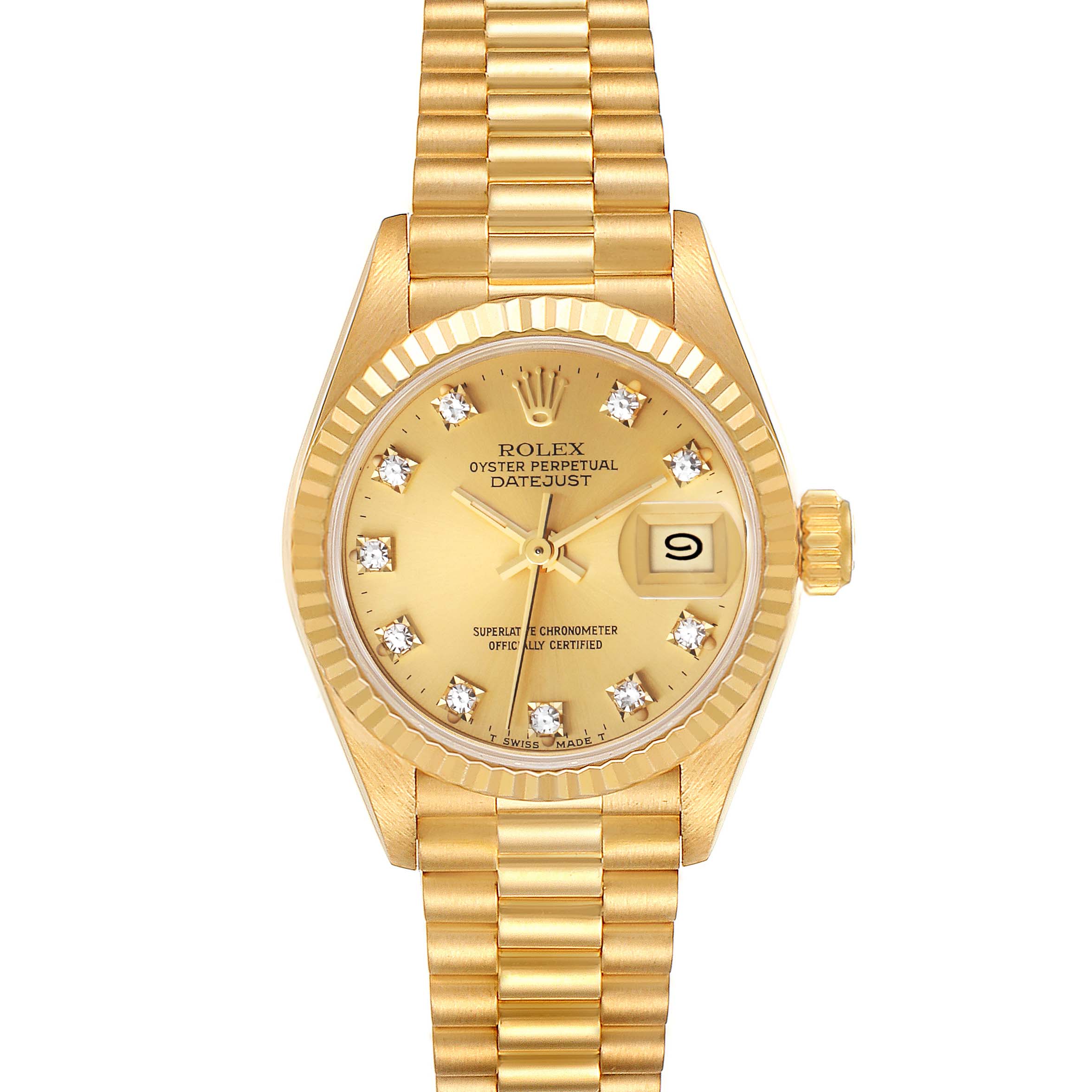 The image shows a full frontal view of a Rolex President 69178 Women
s Yellow Gold Champagne Dial 69178 Women
s Yellow Gold Champagne Dial model watch, displaying its dial, bracelet, and date window.