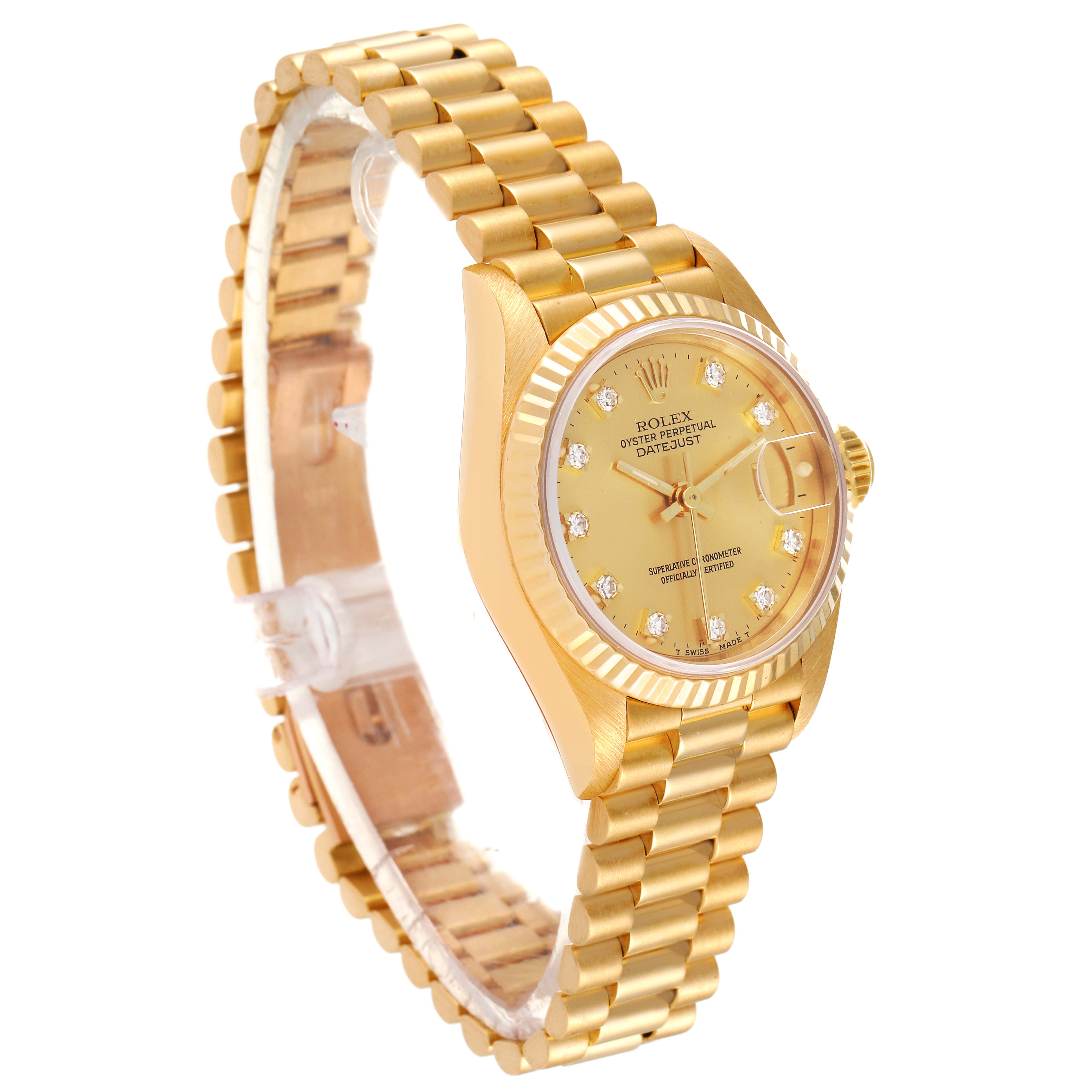 This image shows a President model by Rolex at a slightly angled side view, highlighting the face, bezel, and band.