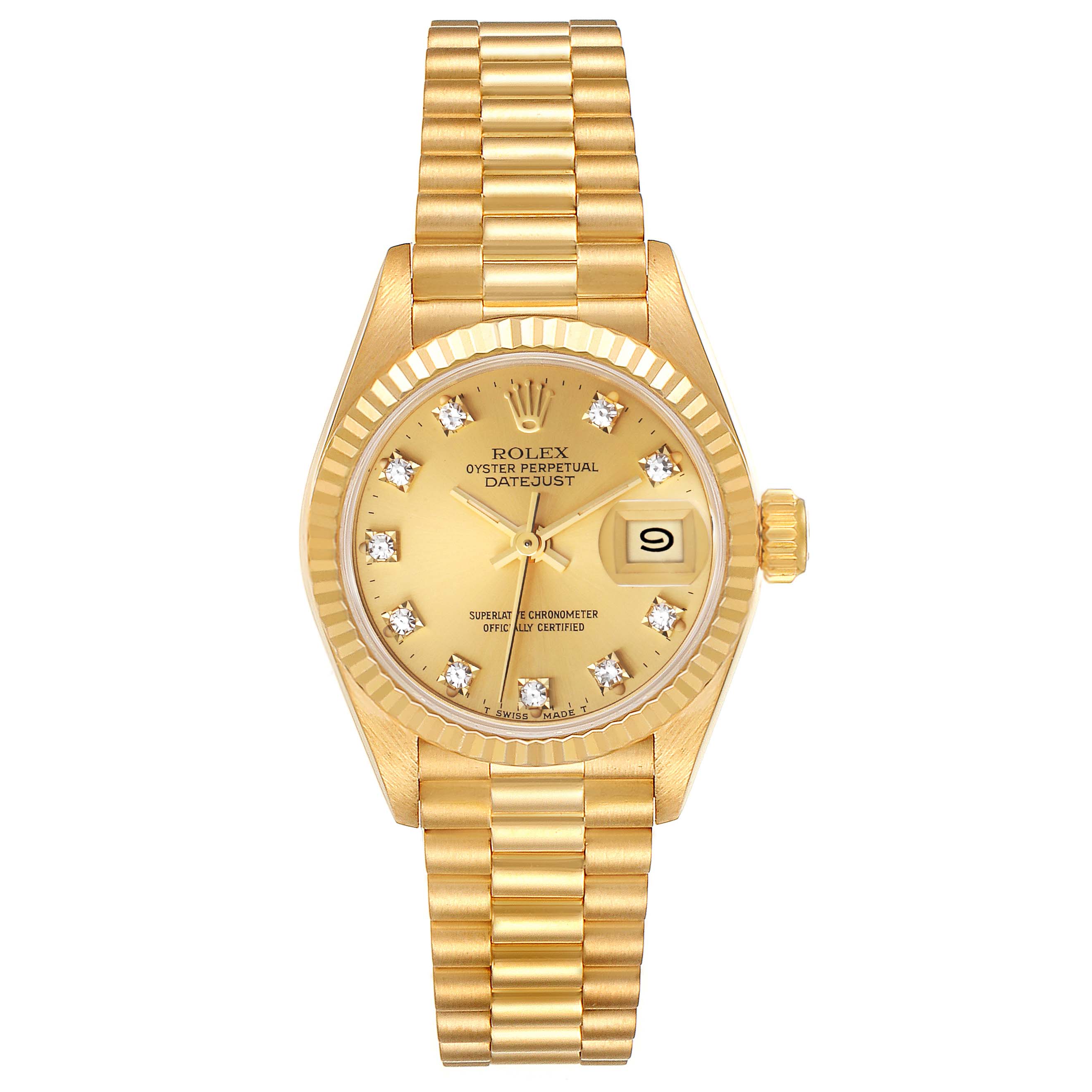 This image shows a front view of the Rolex President 69178 Women
s Yellow Gold Champagne Dial 69178 Women
s Yellow Gold Champagne Dial model watch, featuring a gold dial, diamond hour markers, and president bracelet.