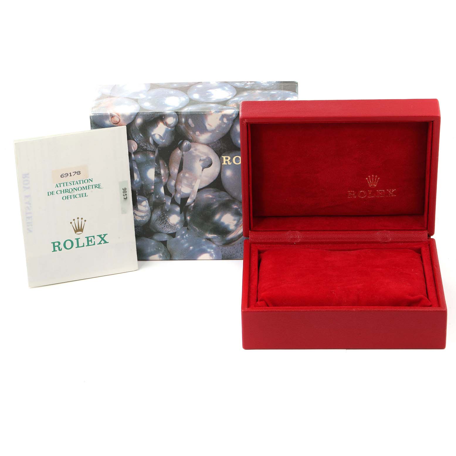 The image shows a Rolex President 69178 Women
s Yellow Gold Champagne Dial 69178 Women
s Yellow Gold Champagne Dial model watch box, outer packaging, and an instruction manual viewed from the front.