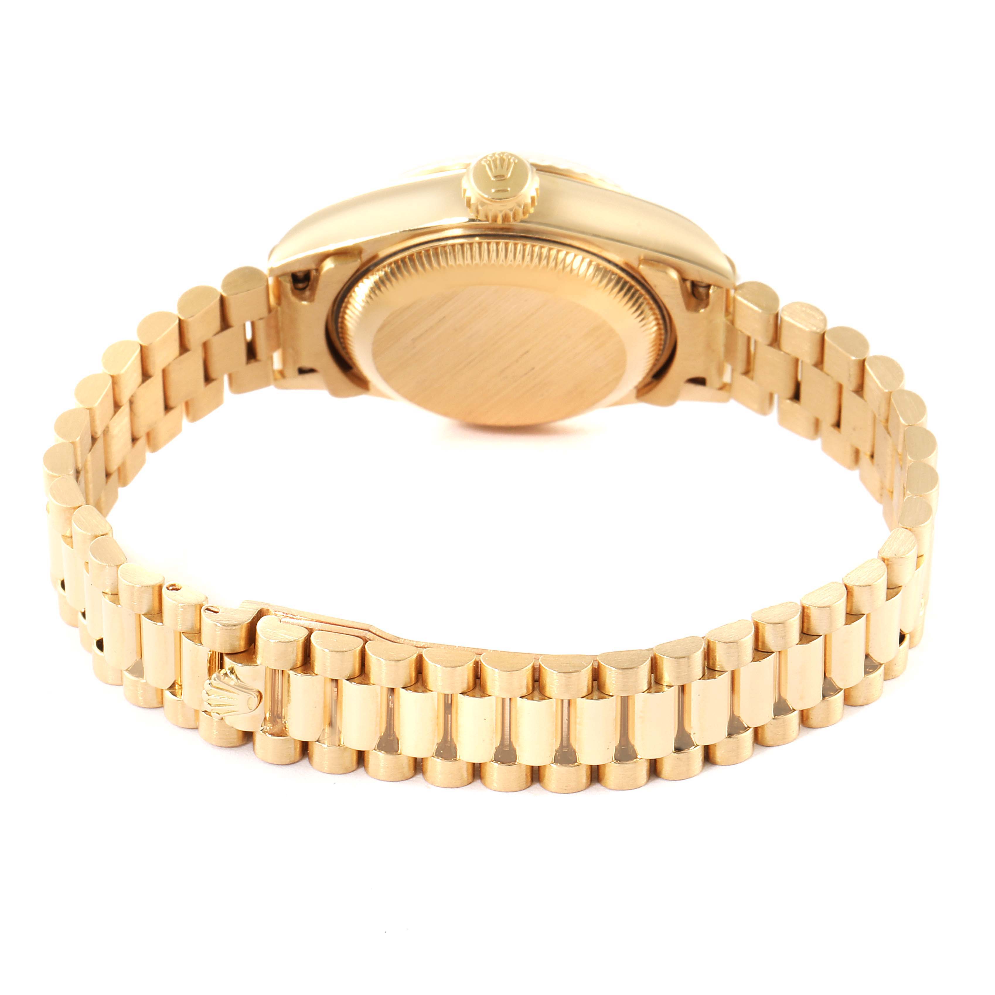 The image shows the back view of a Rolex President 69178 Women
s Yellow Gold Champagne Dial 69178 Women
s Yellow Gold Champagne Dial model watch, highlighting its case and bracelet.