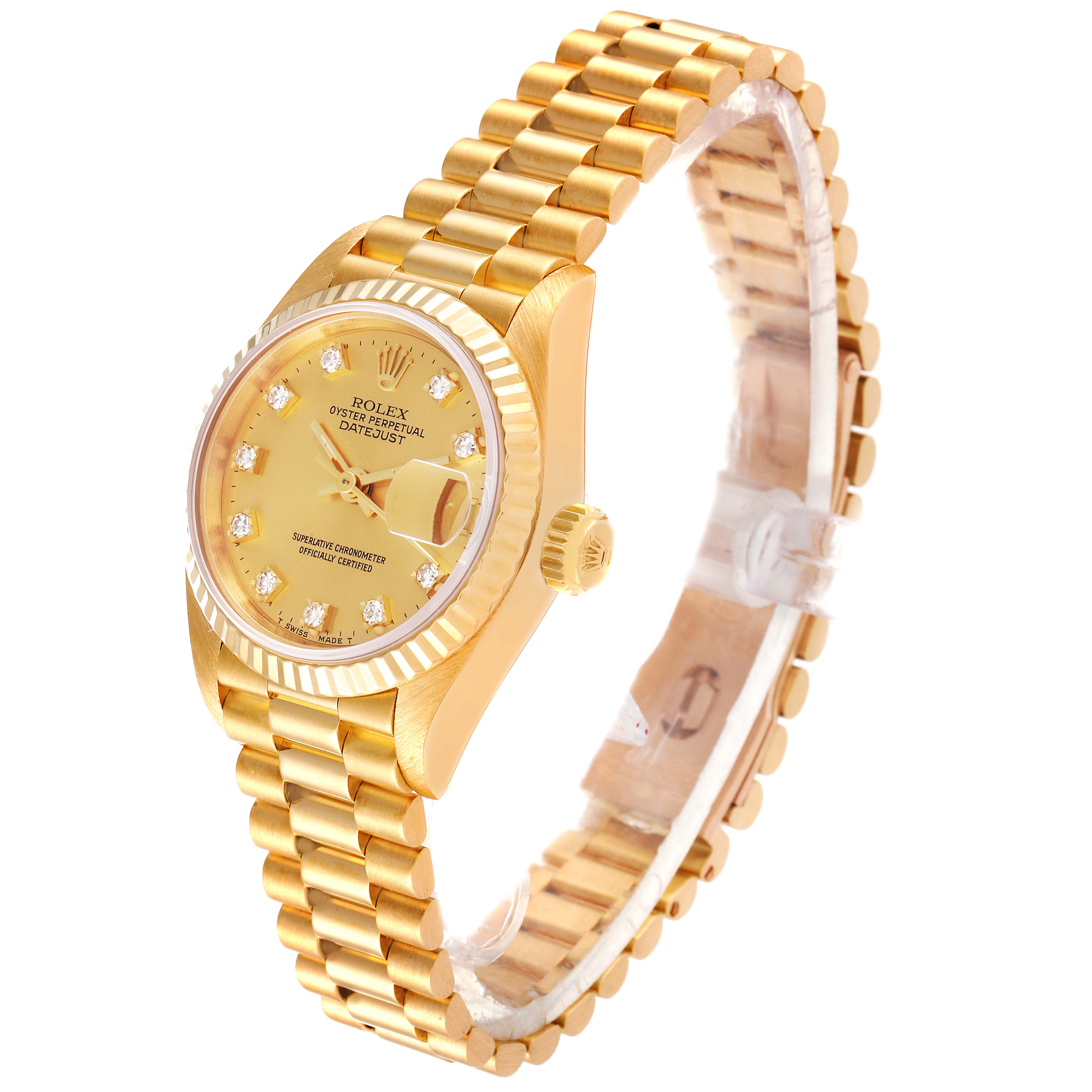 The image shows a side profile and partial top view of a Rolex President 69178 Women
s Yellow Gold Champagne Dial 69178 Women
s Yellow Gold Champagne Dial model watch, highlighting its gold case, dial, and bracelet.