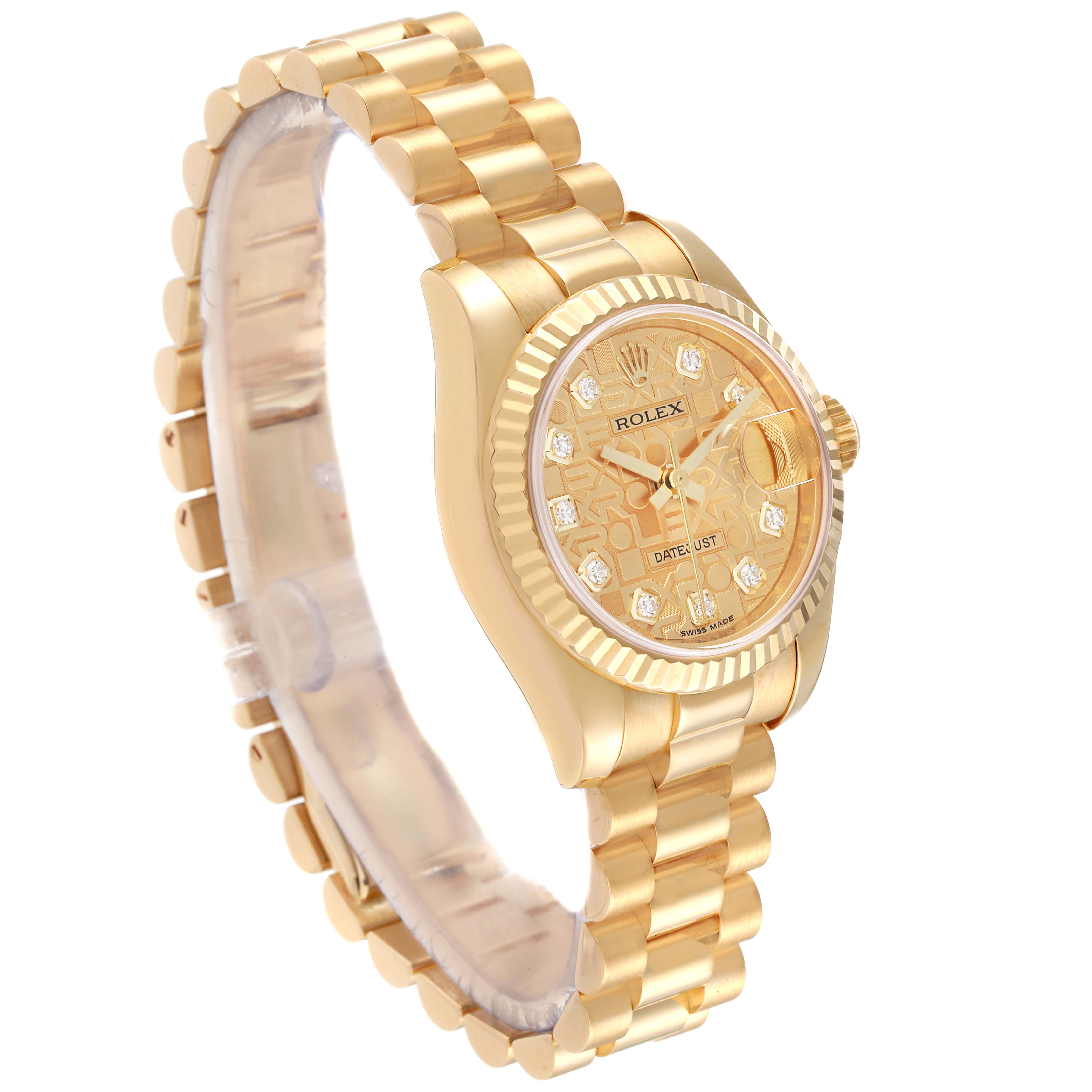This image shows a side angle of a Rolex President 179178 Women's Yellow Gold Champagne Dial 179178 Women's Yellow Gold Champagne Dial watch, highlighting its gold bracelet, fluted bezel, and diamond hour markers.
