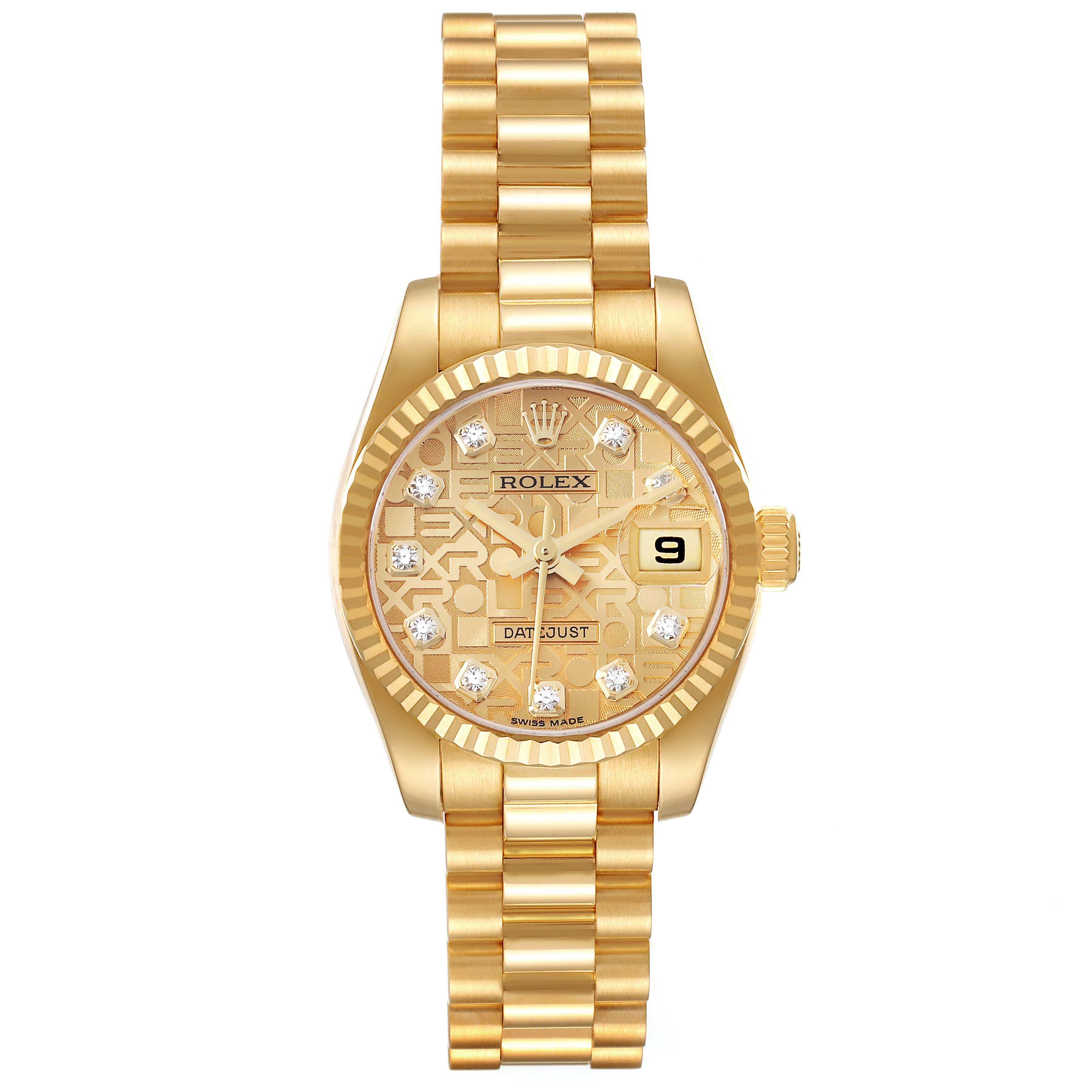 The image shows a front view of the Rolex President 179178 Women's Yellow Gold Champagne Dial 179178 Women's Yellow Gold Champagne Dial model watch, highlighting the gold strap, dial, bezel, and date display.