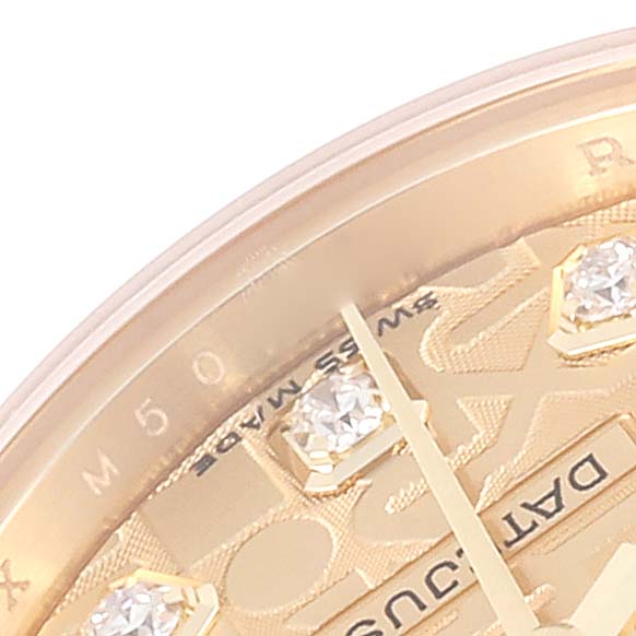 This close-up shows part of the dial and bezel of the Rolex President 179178 Women's Yellow Gold Champagne Dial 179178 Women's Yellow Gold Champagne Dial watch, featuring diamond hour markers.