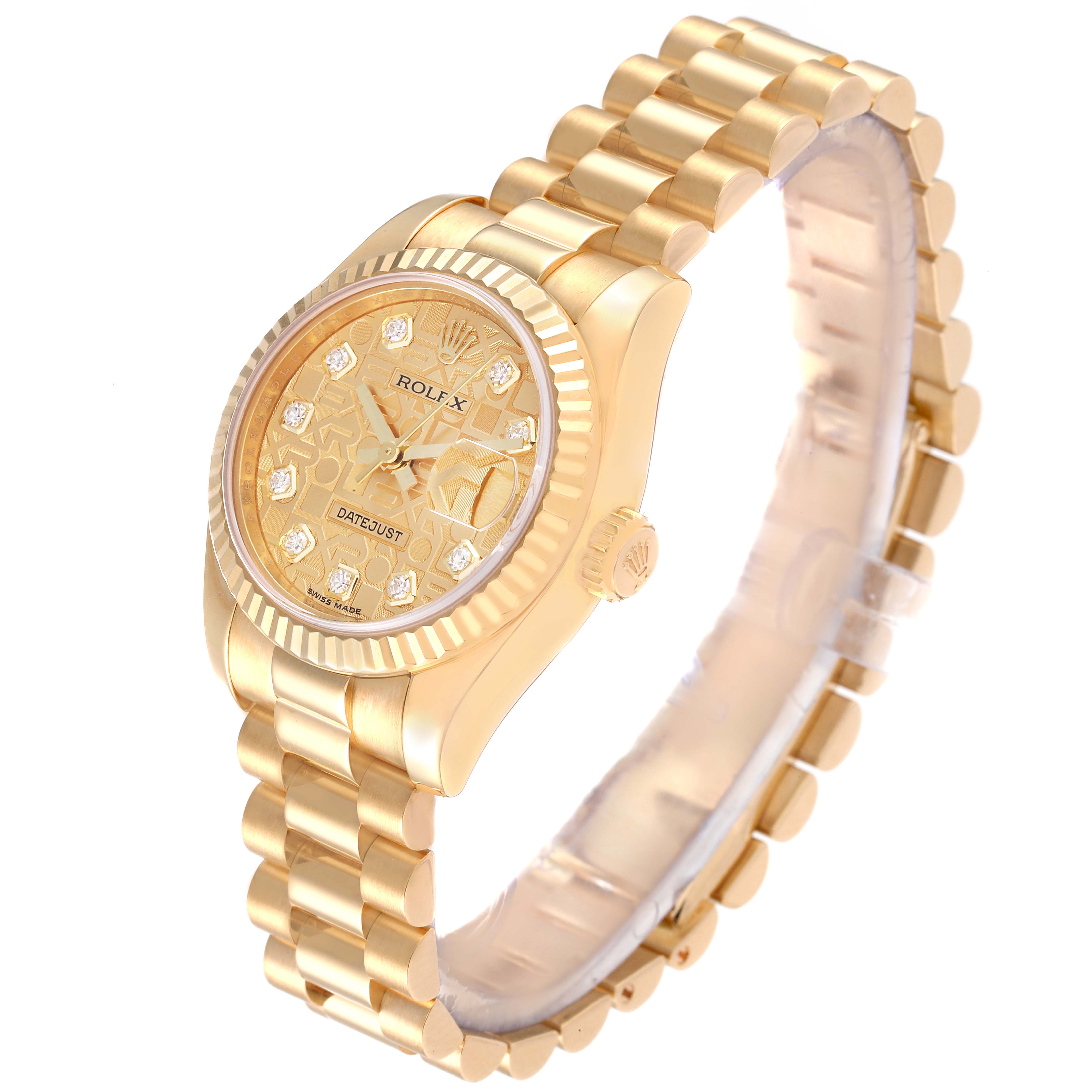 This image shows a Rolex President 179178 Women's Yellow Gold Champagne Dial 179178 Women's Yellow Gold Champagne Dial model watch from an angled side view, displaying the watch face, bezel, crown, and bracelet.