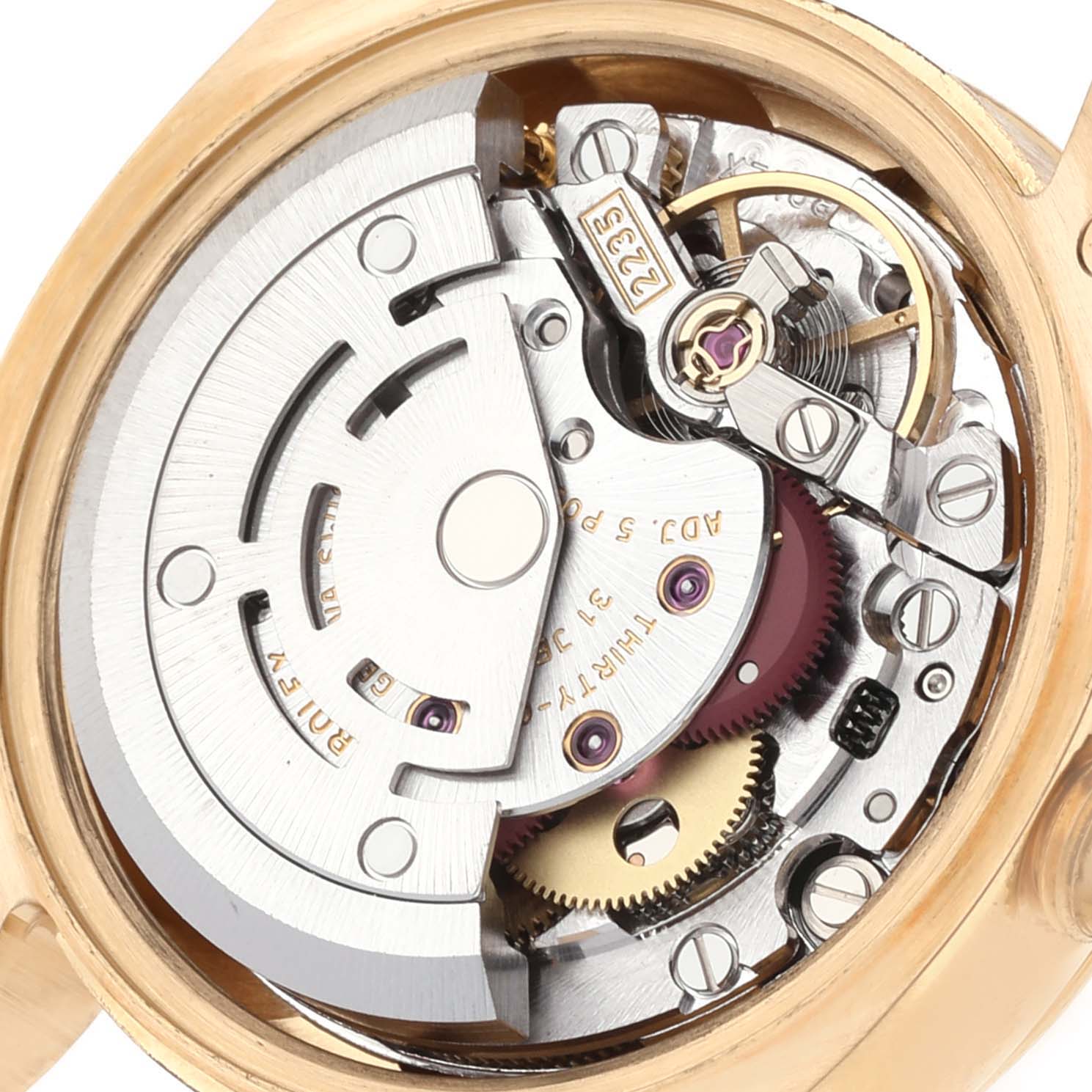 This image shows an internal view of the Rolex President 179178 Women's Yellow Gold Champagne Dial 179178 Women's Yellow Gold Champagne Dial model watch, highlighting its mechanical movement and intricate components.
