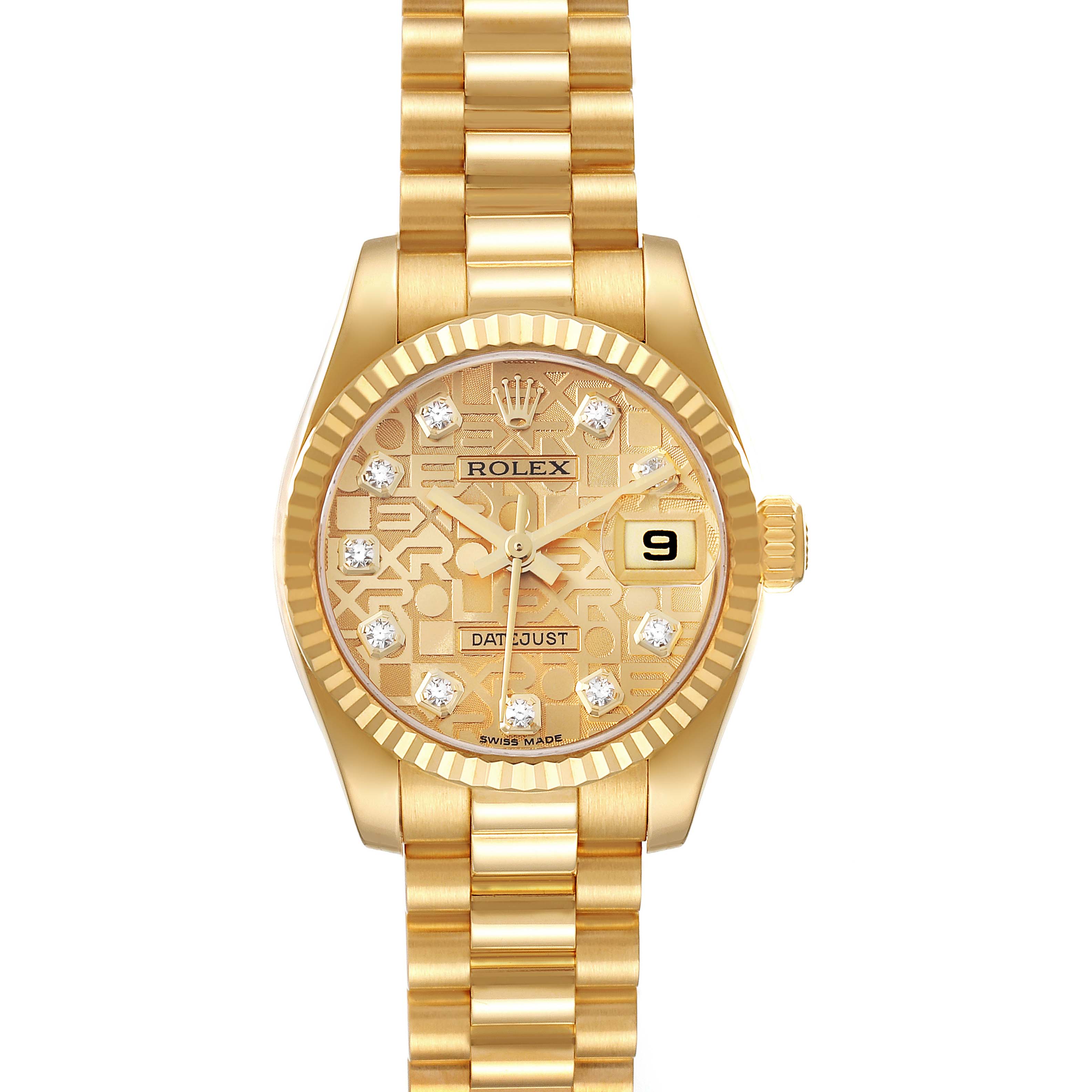 The image shows a front view of the Rolex President 179178 Women's Yellow Gold Champagne Dial 179178 Women's Yellow Gold Champagne Dial model watch, highlighting the dial, bracelet, bezel, and date window.