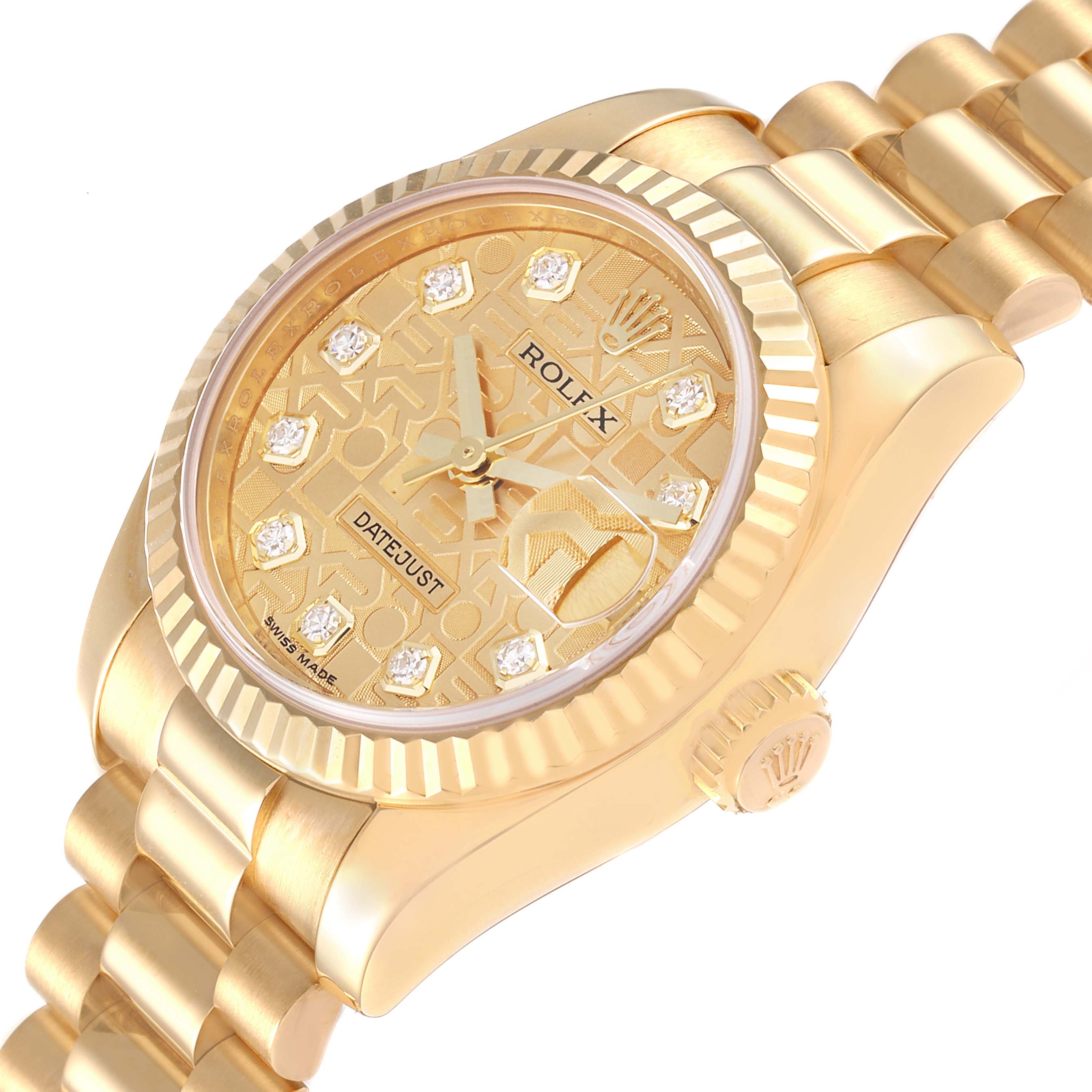 The image shows a Rolex President 179178 Women's Yellow Gold Champagne Dial 179178 Women's Yellow Gold Champagne Dial model watch at an angle, highlighting the face, bezel, and part of the gold bracelet.