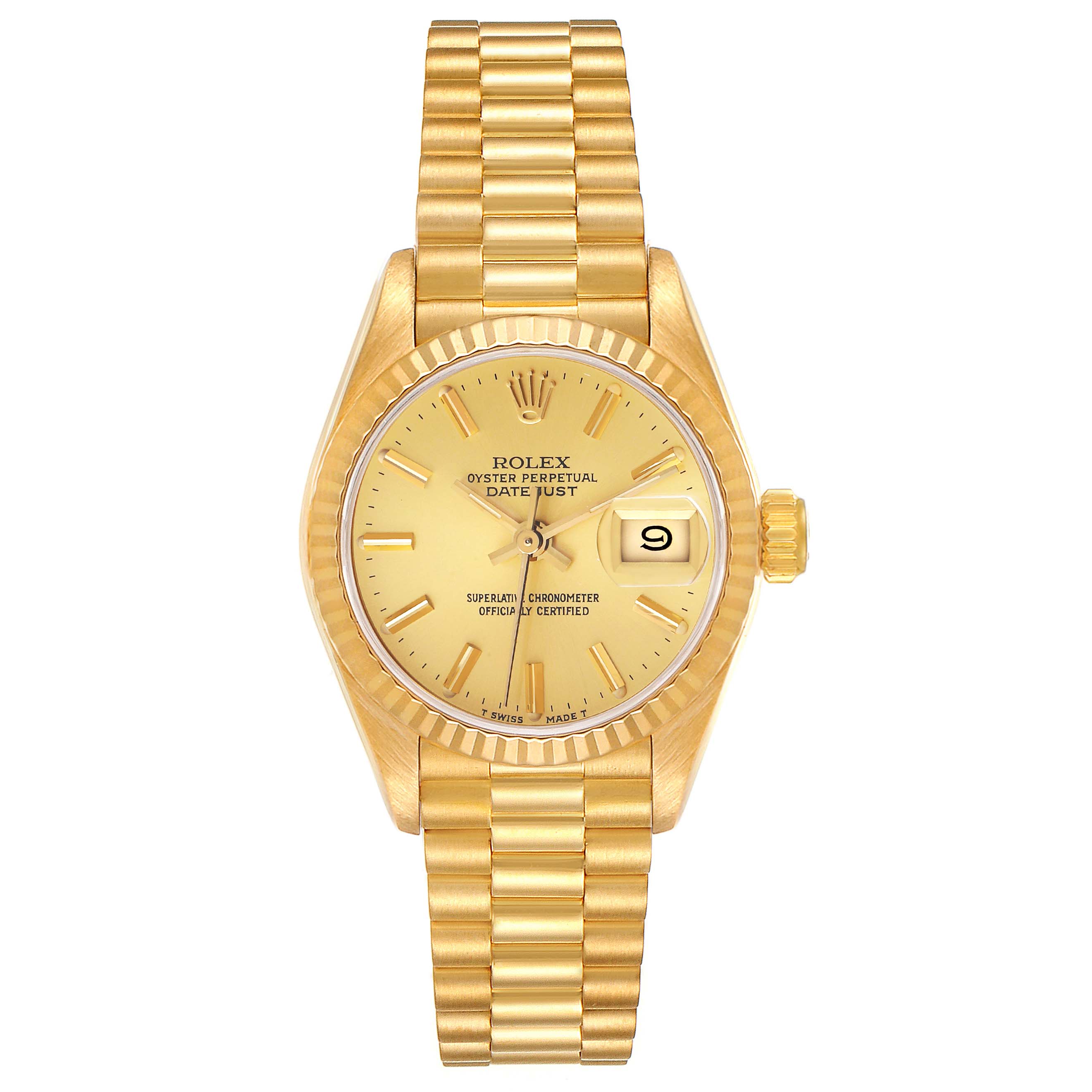 The image shows a Rolex President 69178 Women
s Yellow Gold Champagne Dial 69178 Women
s Yellow Gold Champagne Dial model watch from a front view, displaying the face, dial, date window, and bracelet.