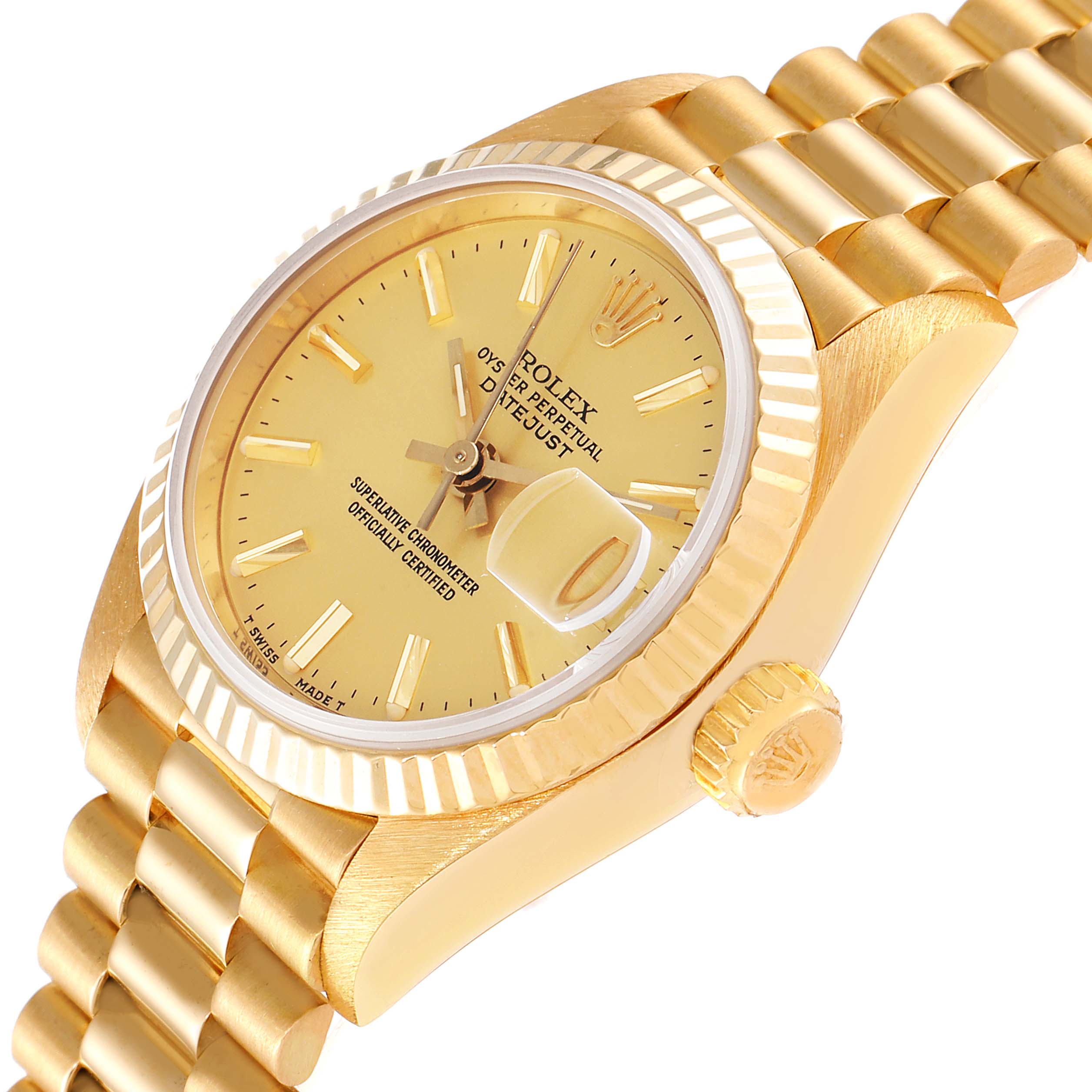 The image shows a close-up side angle of a Rolex President 69178 Women
s Yellow Gold Champagne Dial 69178 Women
s Yellow Gold Champagne Dial model watch, highlighting the dial, bezel, crown, and bracelet.