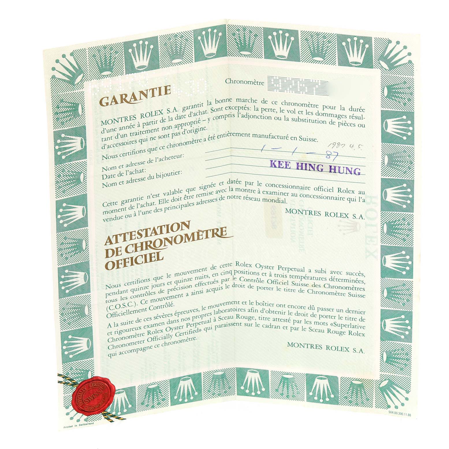 This is a warranty and chronometer certification document for a Rolex President 69178 Women
s Yellow Gold Champagne Dial 69178 Women
s Yellow Gold Champagne Dial model watch.