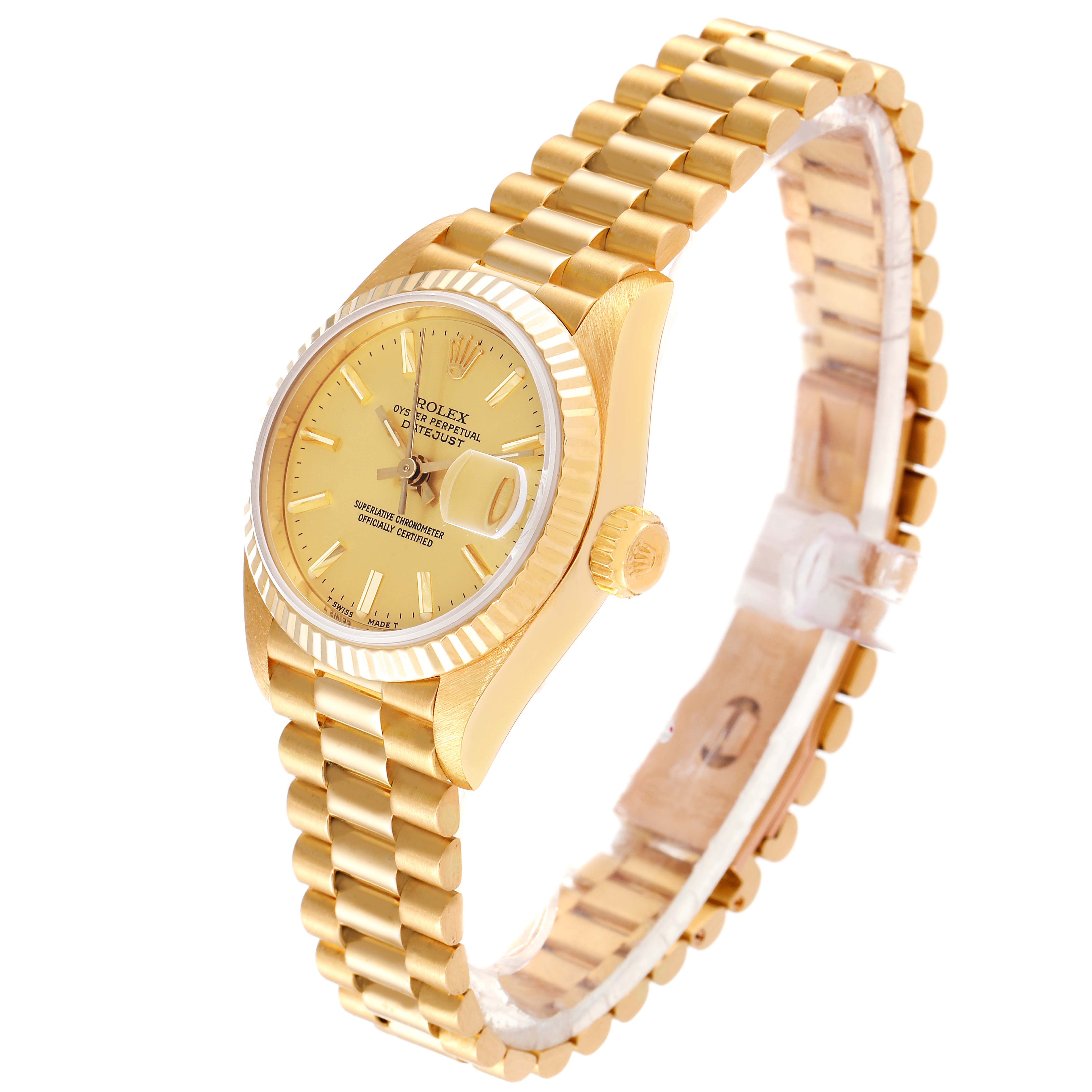 This Rolex President 69178 Women
s Yellow Gold Champagne Dial 69178 Women
s Yellow Gold Champagne Dial model watch is shown at a three-quarter angle, displaying the dial, crown, and the full bracelet.
