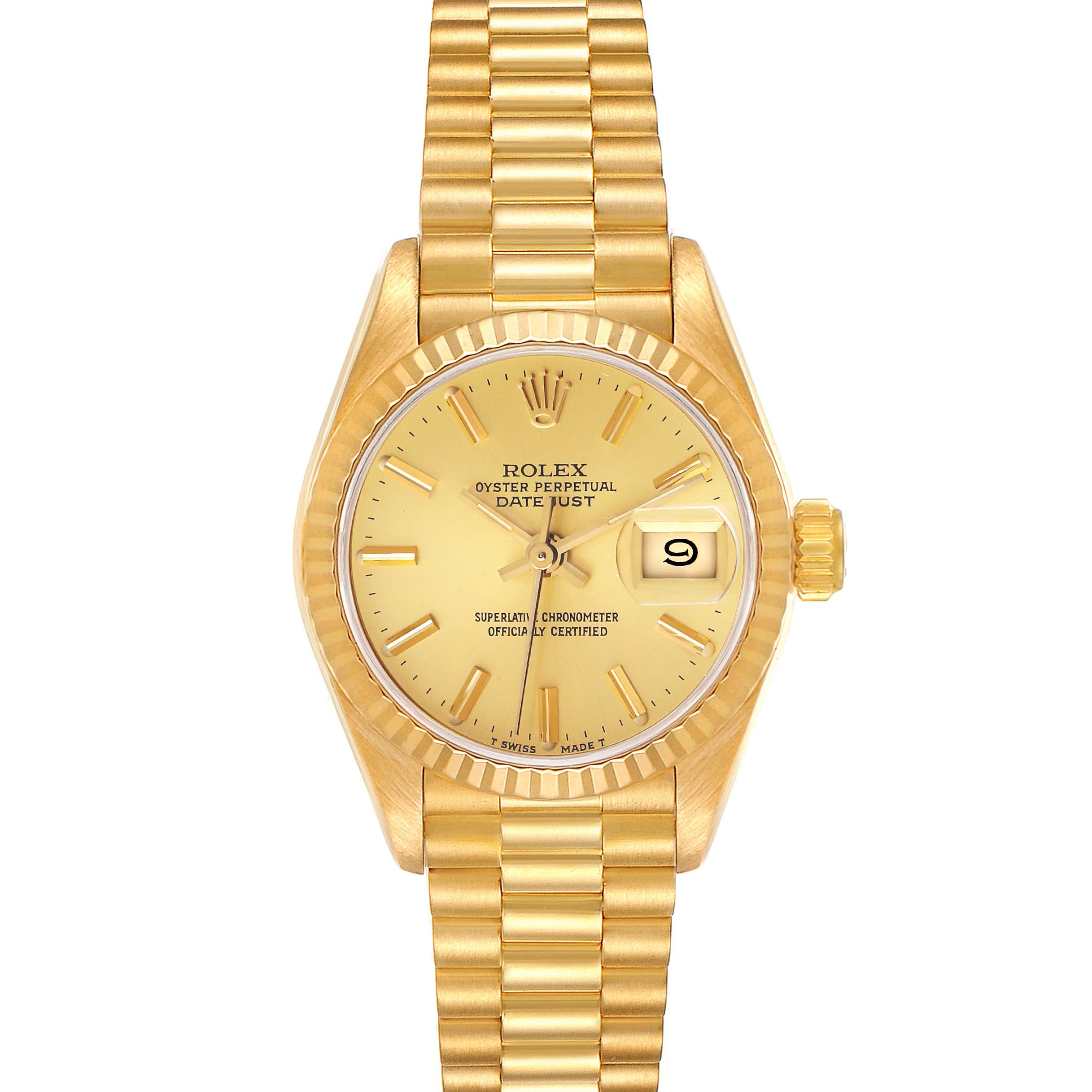 This image shows a Rolex President 69178 Women
s Yellow Gold Champagne Dial 69178 Women
s Yellow Gold Champagne Dial model watch, featuring its dial, bezel, crown, and bracelet from a front angle.